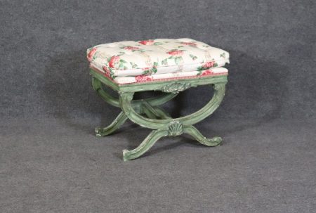 Vintage Regency Style Green Paint Decorated X Bench, Vintage Decor