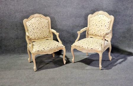 Pair of Louis XV Style Paint Decorated Armchairs Fauteuils, Bergeres