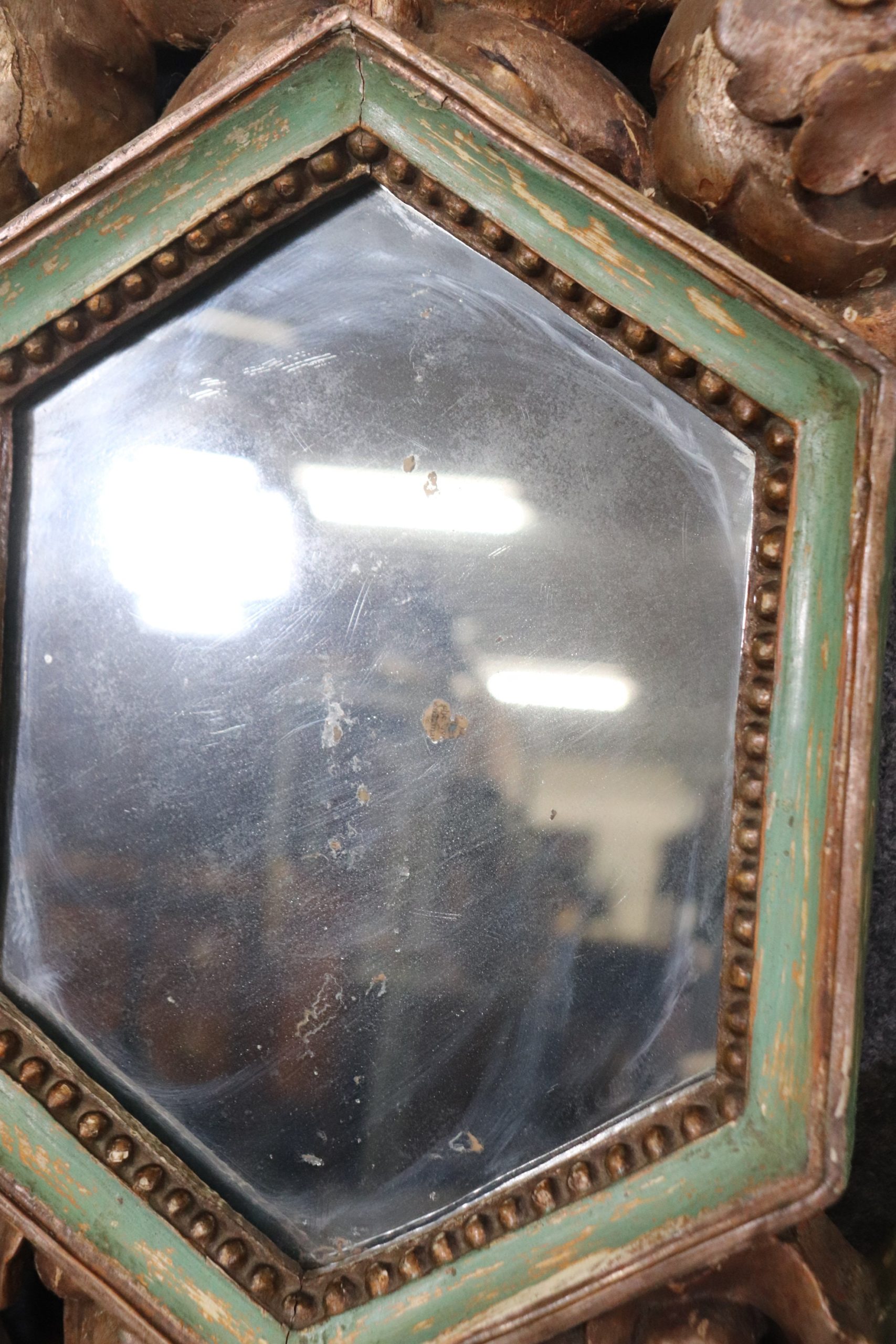 18th C Antique Carved French Louis XV Paint Decorated Wall Mirror Hanging Mirror, Antiques - Image 8