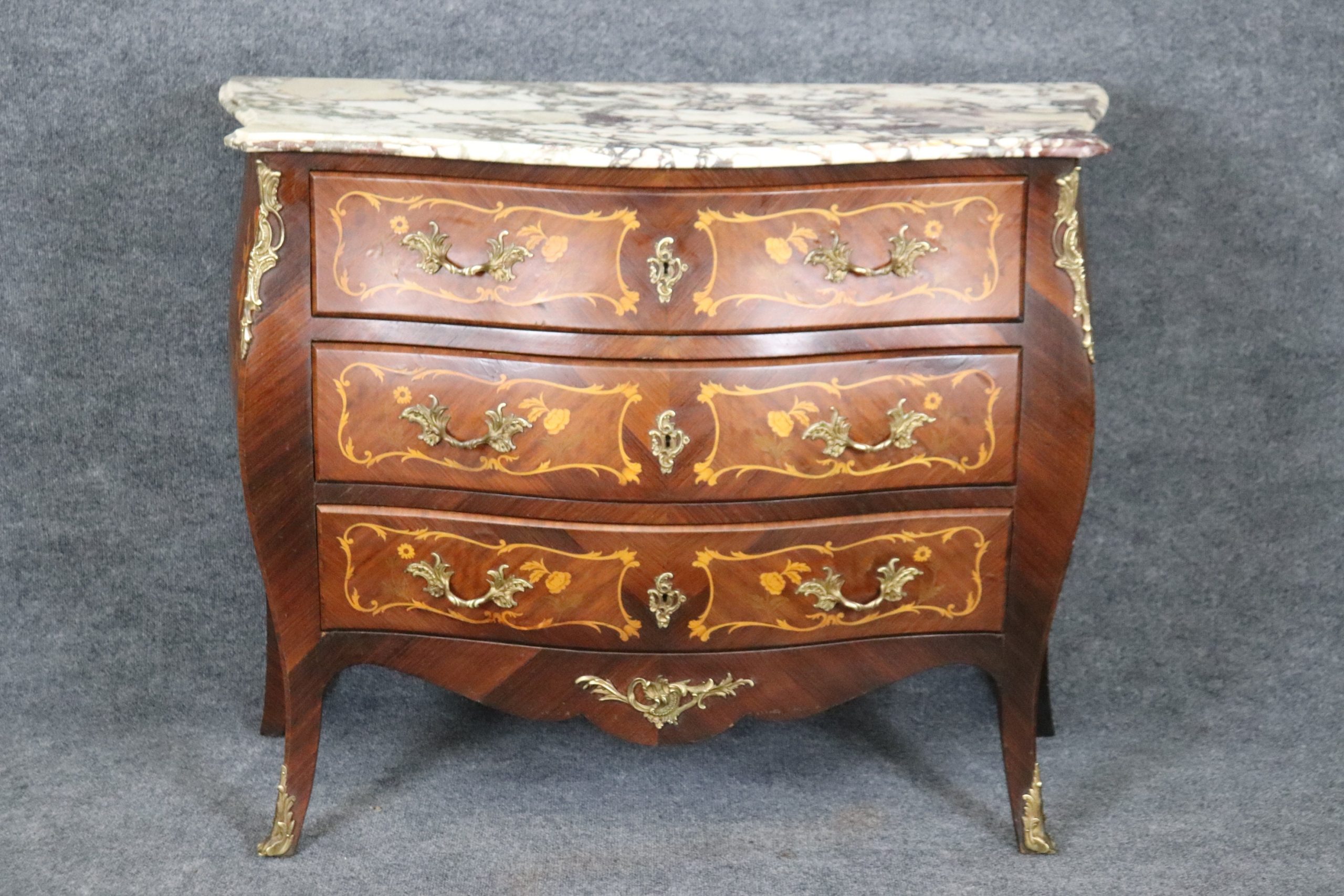 Louis XV Style Inlaid Marble Top Commode, Chest of Drawers - Image 2