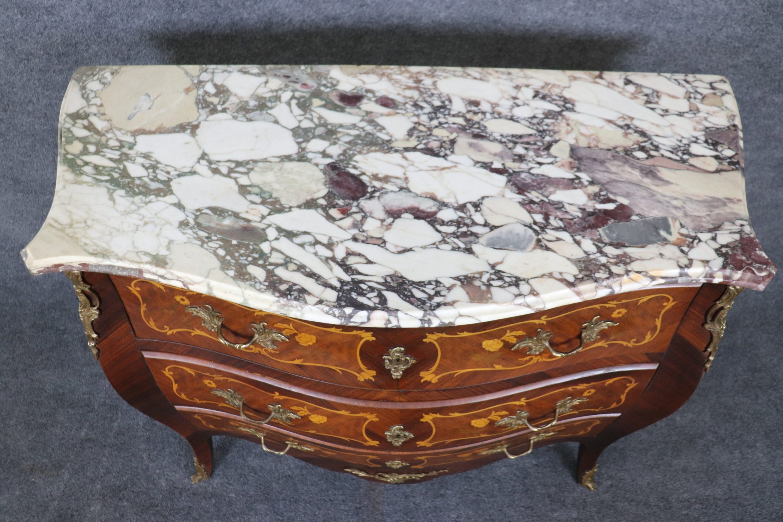 Louis XV Style Inlaid Marble Top Commode, Chest of Drawers - Image 6