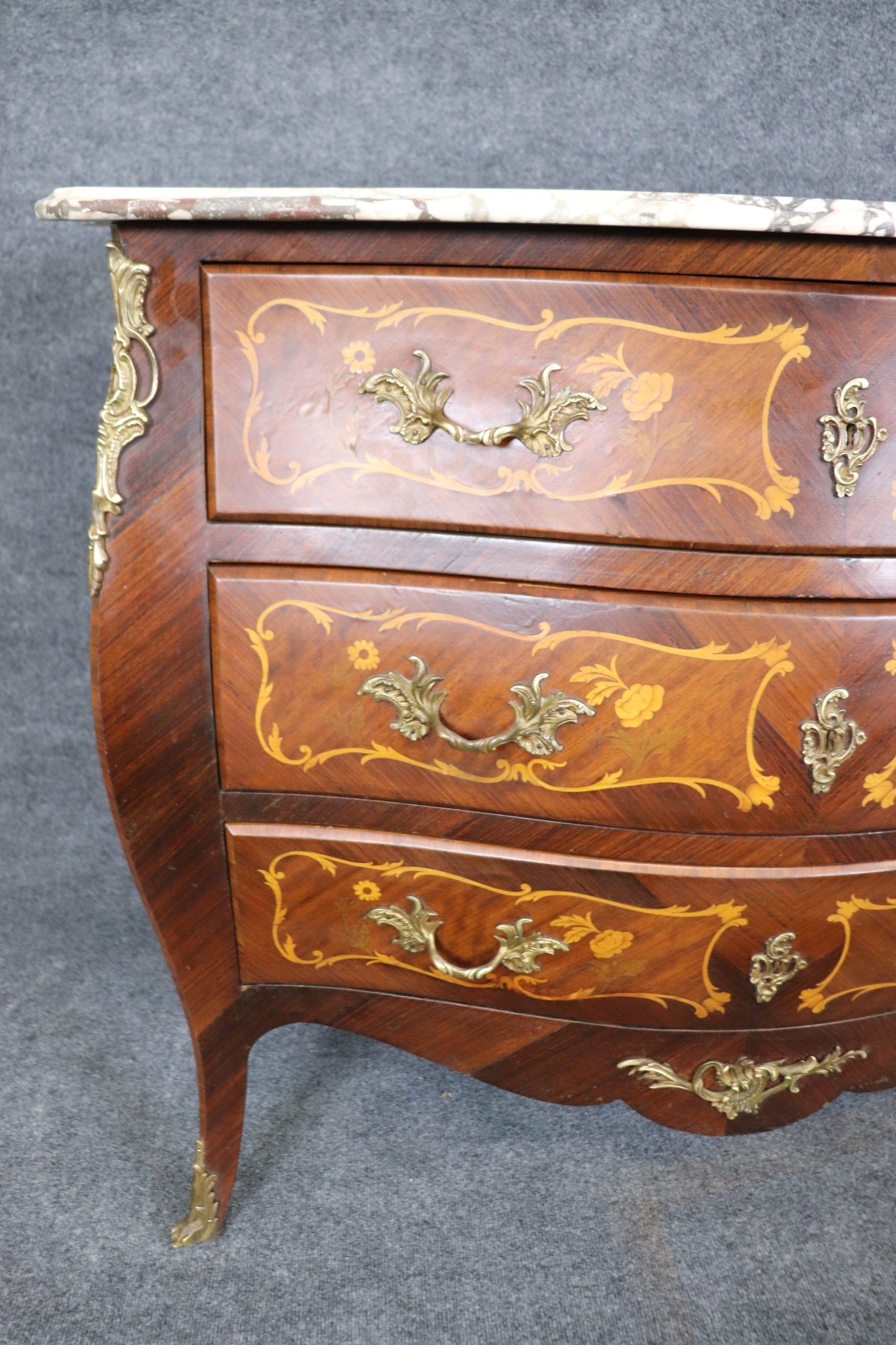 Louis XV Style Inlaid Marble Top Commode, Chest of Drawers - Image 8
