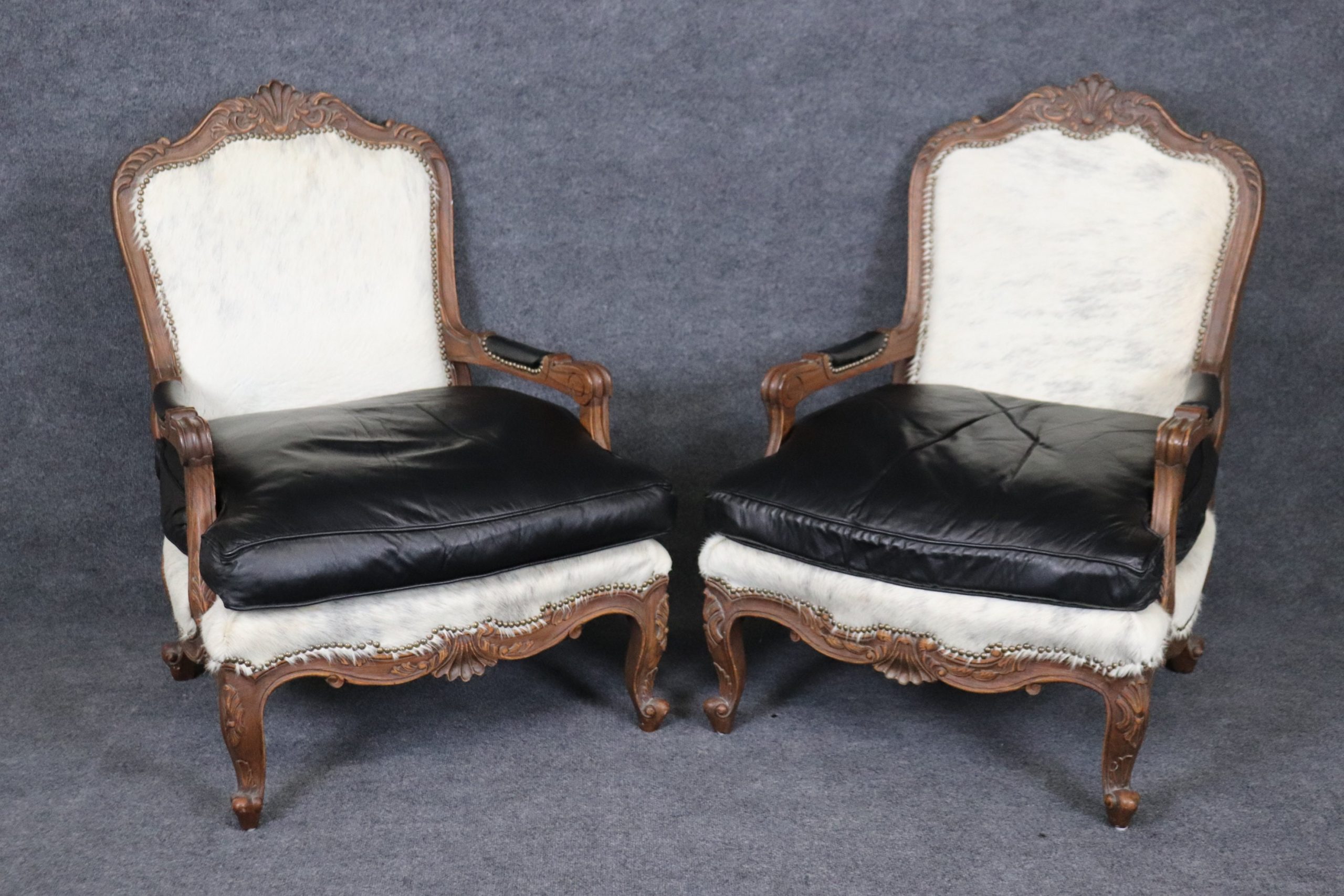 Vintage Pair of Louis XV Style Bergeres with Leather Cushions and Faux Cowhide Upholstery Antique Furniture, Pair Chairs - Image 2