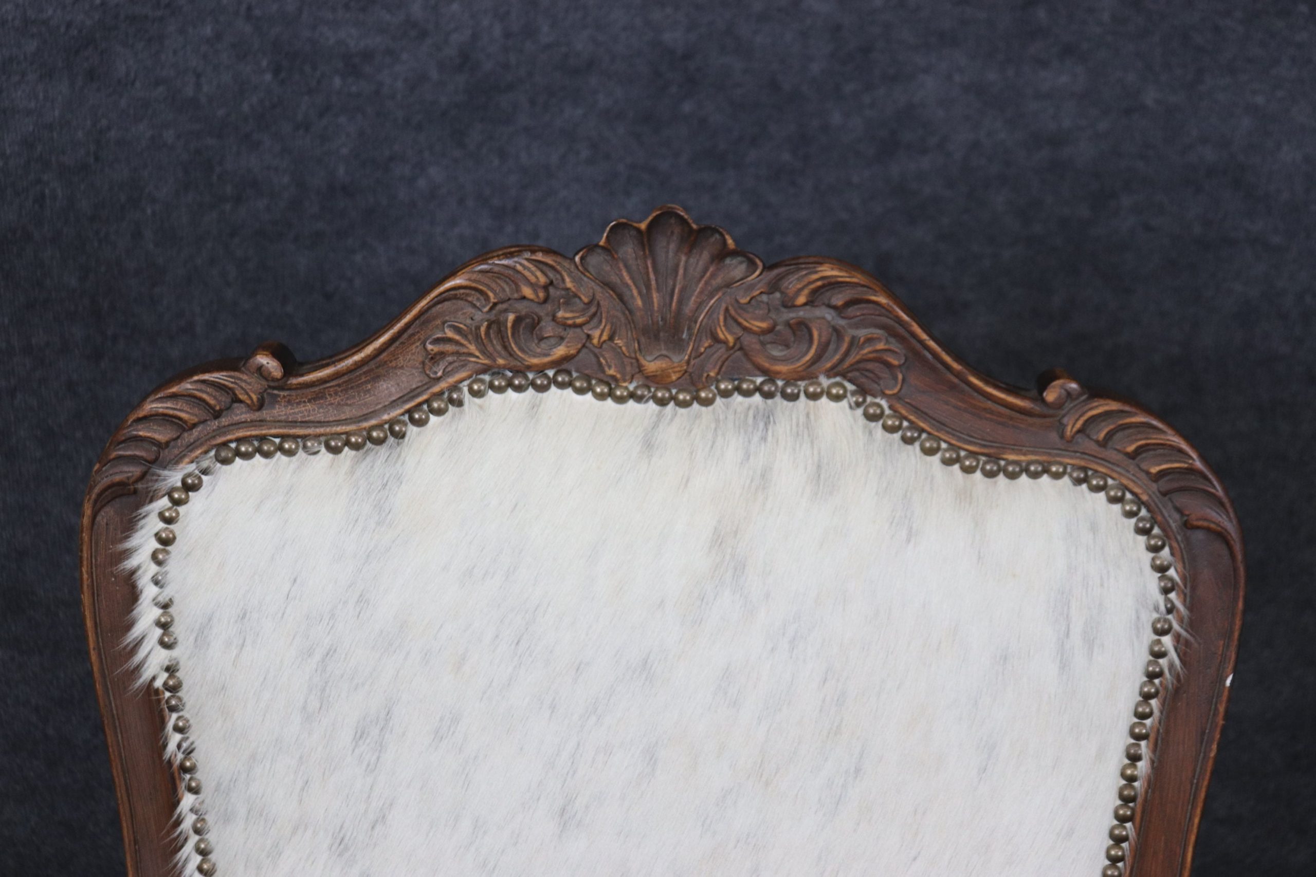 Vintage Pair of Louis XV Style Bergeres with Leather Cushions and Faux Cowhide Upholstery Antique Furniture, Pair Chairs - Image 9