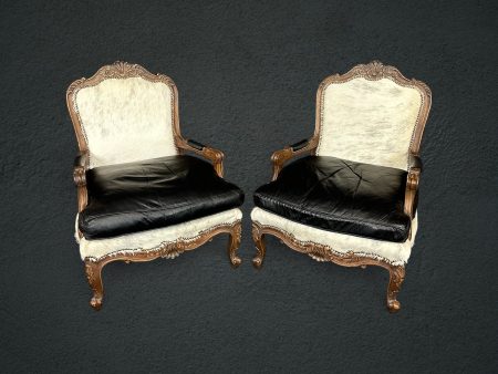 Vintage Pair of Louis XV Style Bergeres with Leather Cushions and Faux Cowhide Upholstery Antique Furniture, Pair Chairs