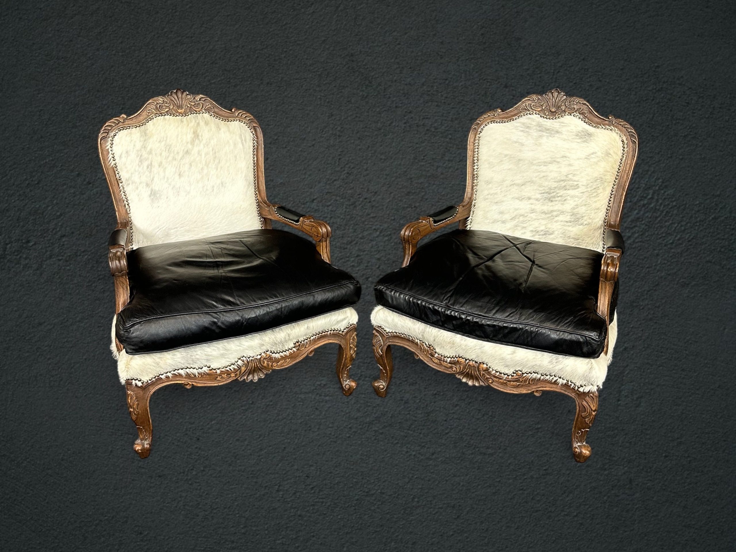 Vintage Pair of Louis XV Style Bergeres with Leather Cushions and Faux Cowhide Upholstery Antique Furniture, Pair Chairs