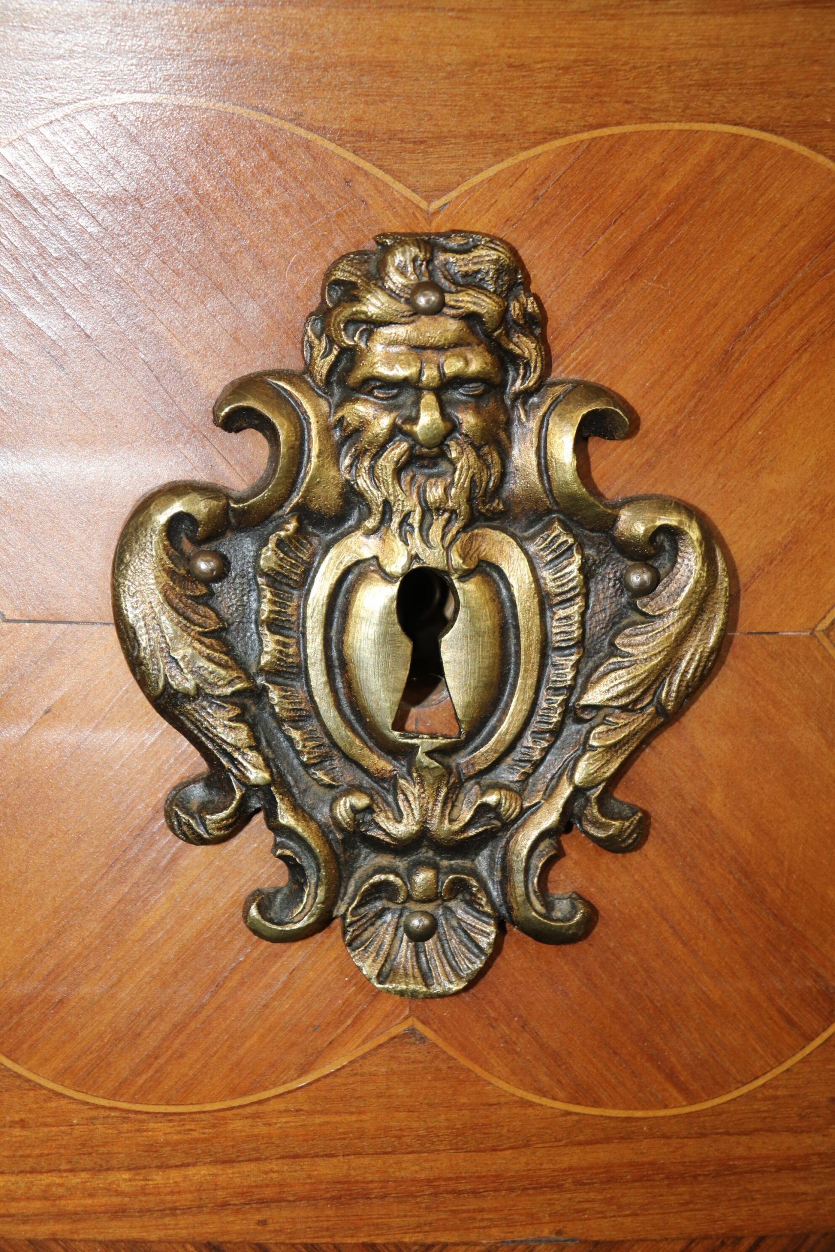 French Louis XV Style Inlaid Marble Top Commode, Chest of Drawers - Image 9