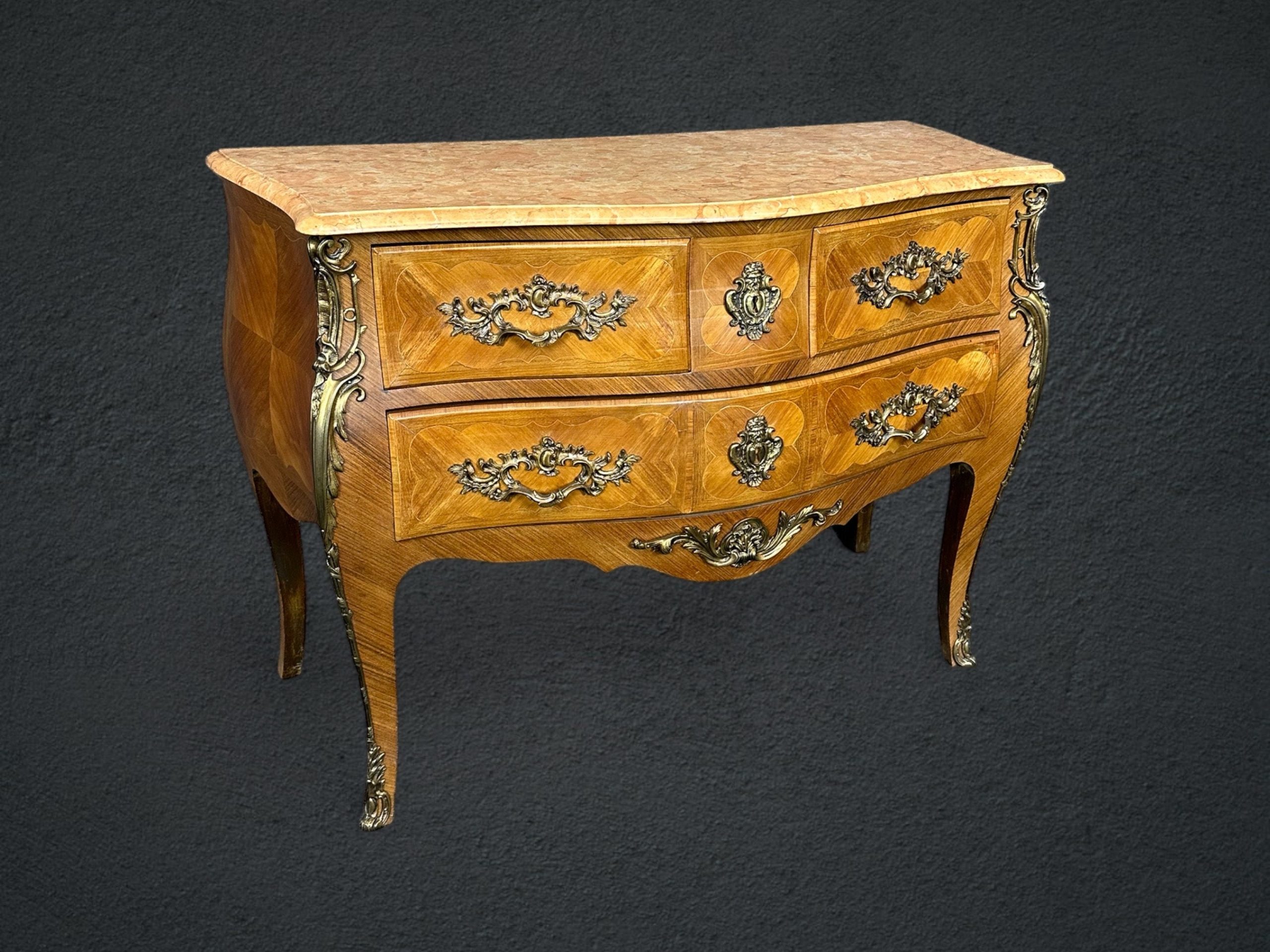 French Louis XV Style Inlaid Marble Top Commode, Chest of Drawers