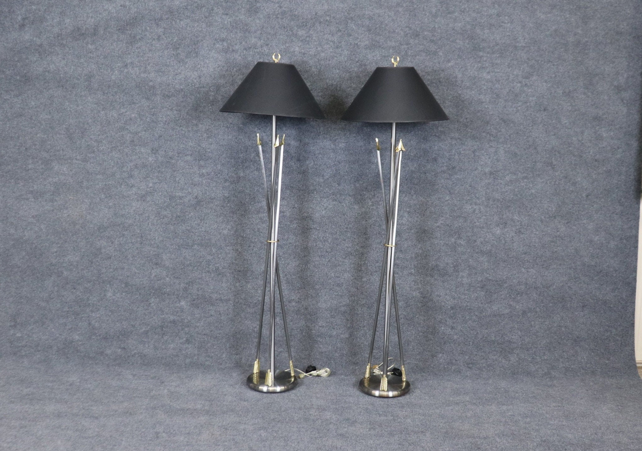 Pair of Mid Century Andre Arbus Style Chrome and Brass Floor Lamps, MCM