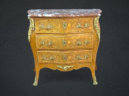 Petite French Louis XV Walnut Satinwood Inlaid Commode, Chest of Drawers