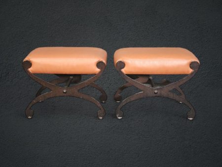 Chic Black Wrought Iron and Leather X Benches, Circa 1950