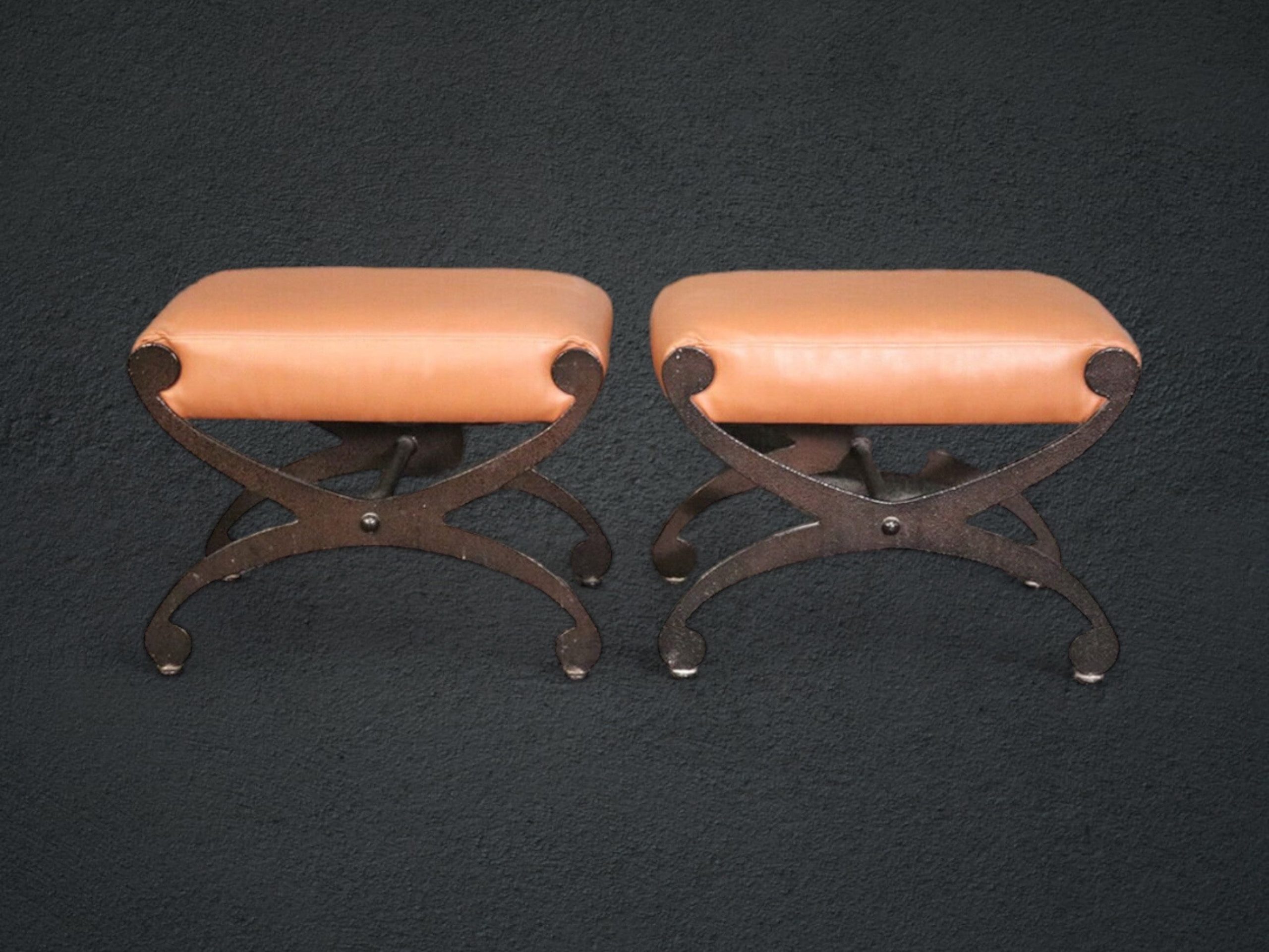 Chic Black Wrought Iron and Leather X Benches, Circa 1950