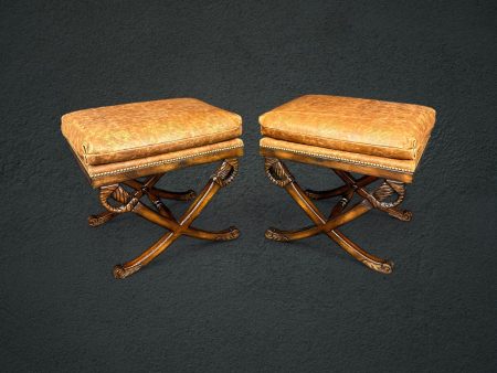 Pair of Maitland Smith Style X Benches with Leather Upholstery, Footstool