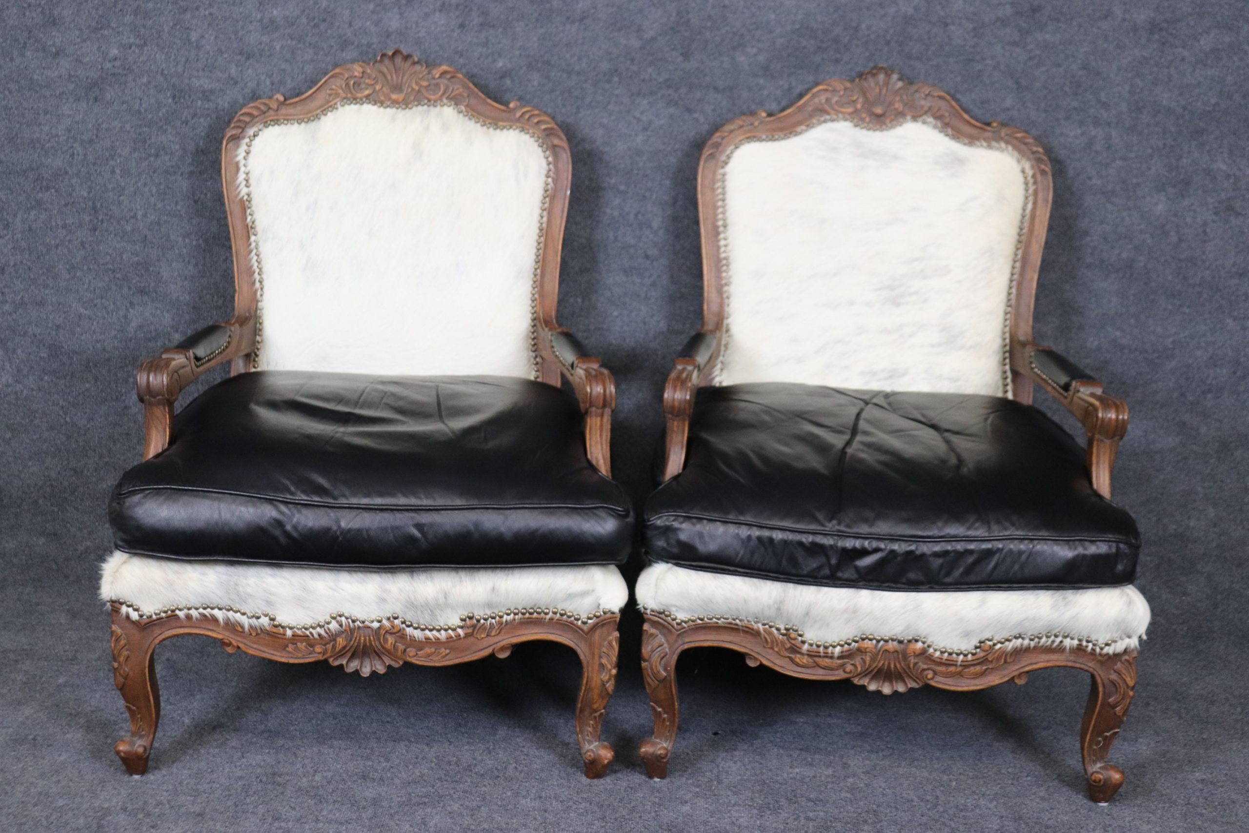 Vintage Pair of Louis XV Style Bergeres with Leather Cushions and Faux Cowhide Upholstery Antique Furniture, Pair Chairs - Image 3