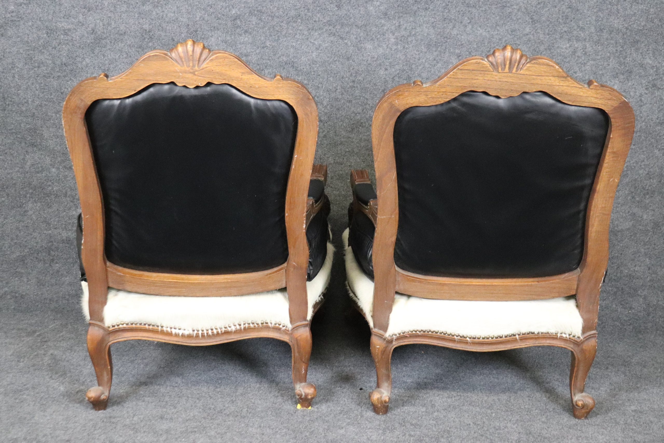 Vintage Pair of Louis XV Style Bergeres with Leather Cushions and Faux Cowhide Upholstery Antique Furniture, Pair Chairs - Image 5