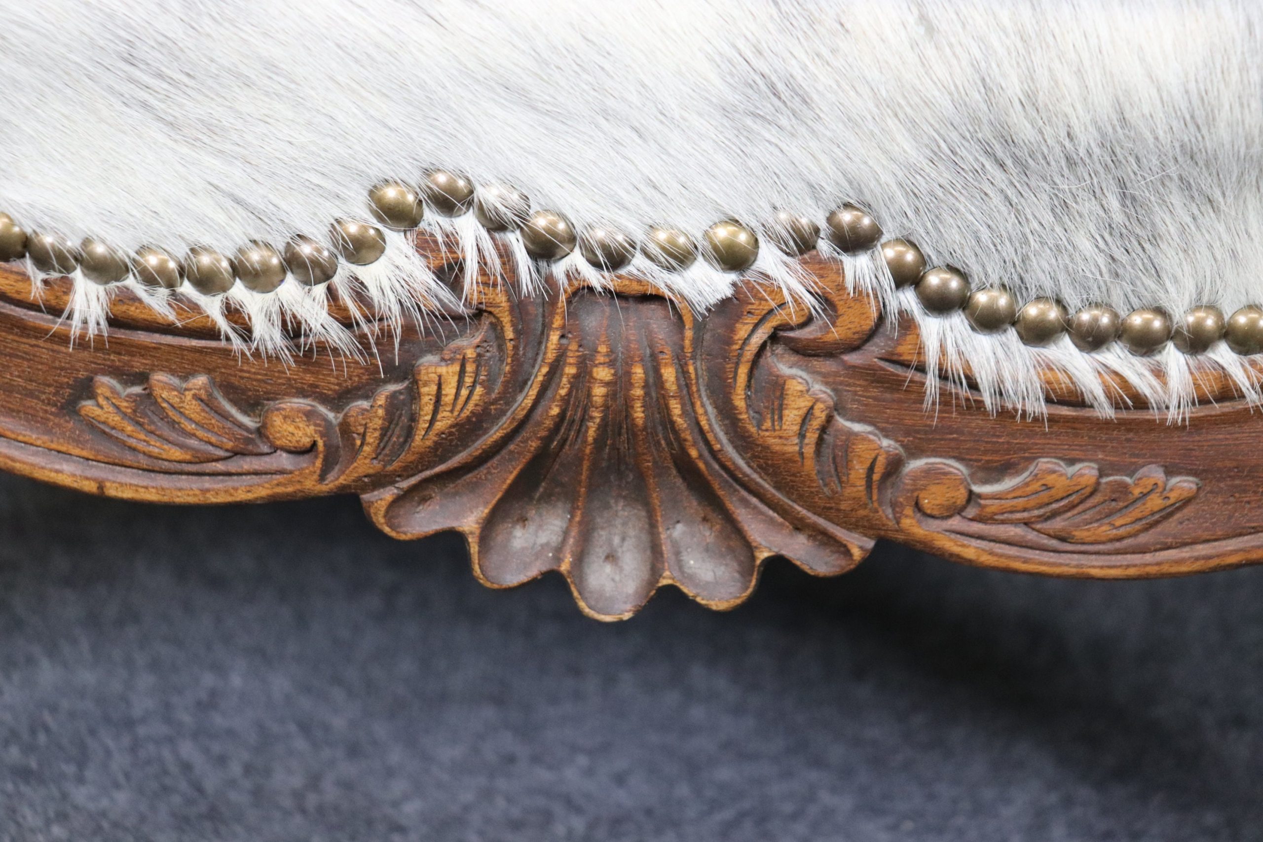 Vintage Pair of Louis XV Style Bergeres with Leather Cushions and Faux Cowhide Upholstery Antique Furniture, Pair Chairs - Image 8