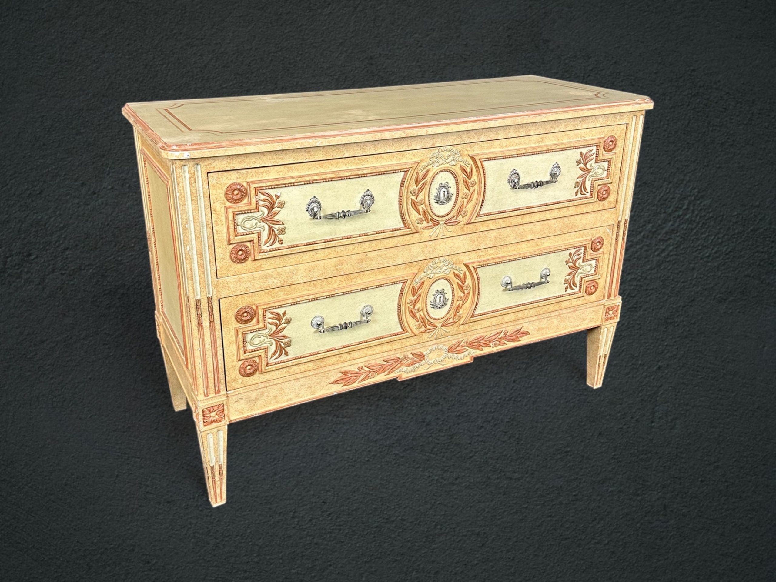 Vintage Baker Louis XVI Style Paint Decorated Commode, Chest of Drawers