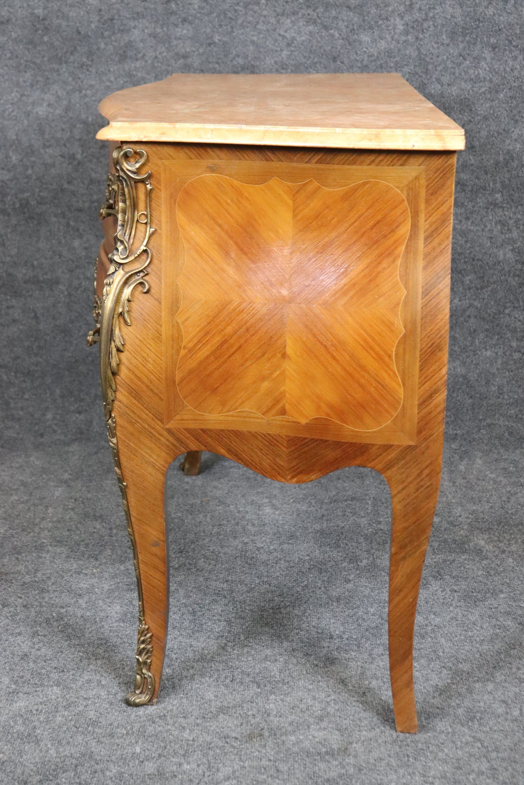French Louis XV Style Inlaid Marble Top Commode, Chest of Drawers - Image 3