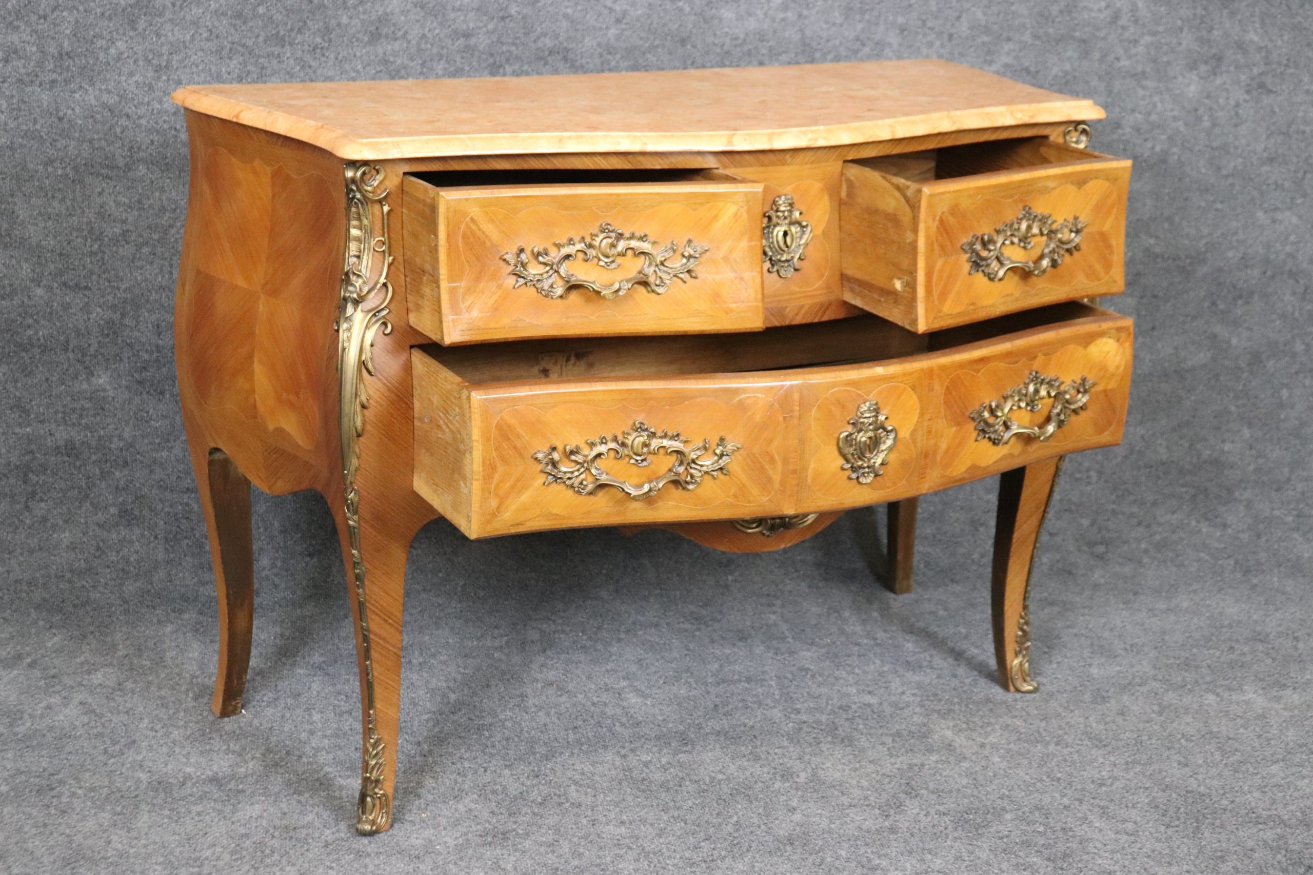 French Louis XV Style Inlaid Marble Top Commode, Chest of Drawers - Image 5