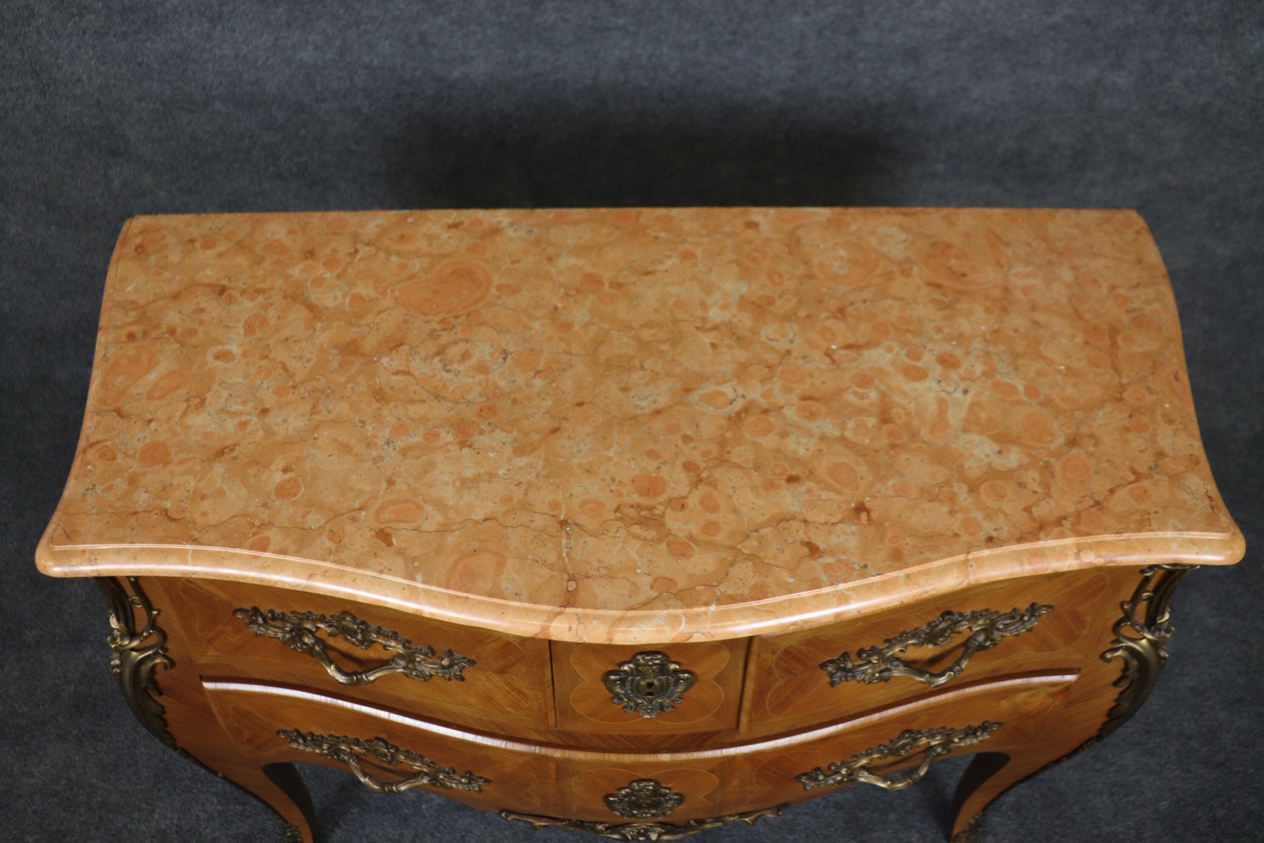 French Louis XV Style Inlaid Marble Top Commode, Chest of Drawers - Image 6