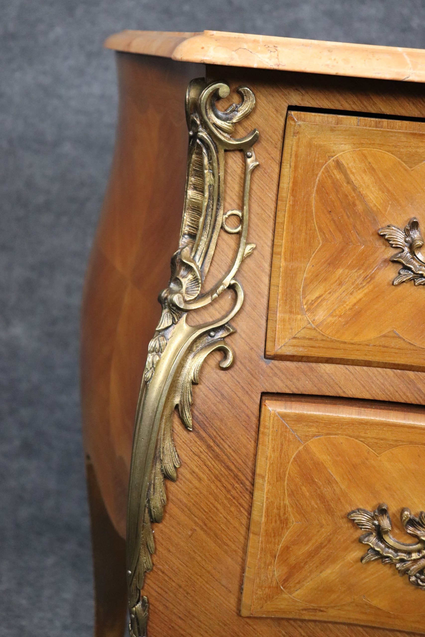 French Louis XV Style Inlaid Marble Top Commode, Chest of Drawers - Image 7