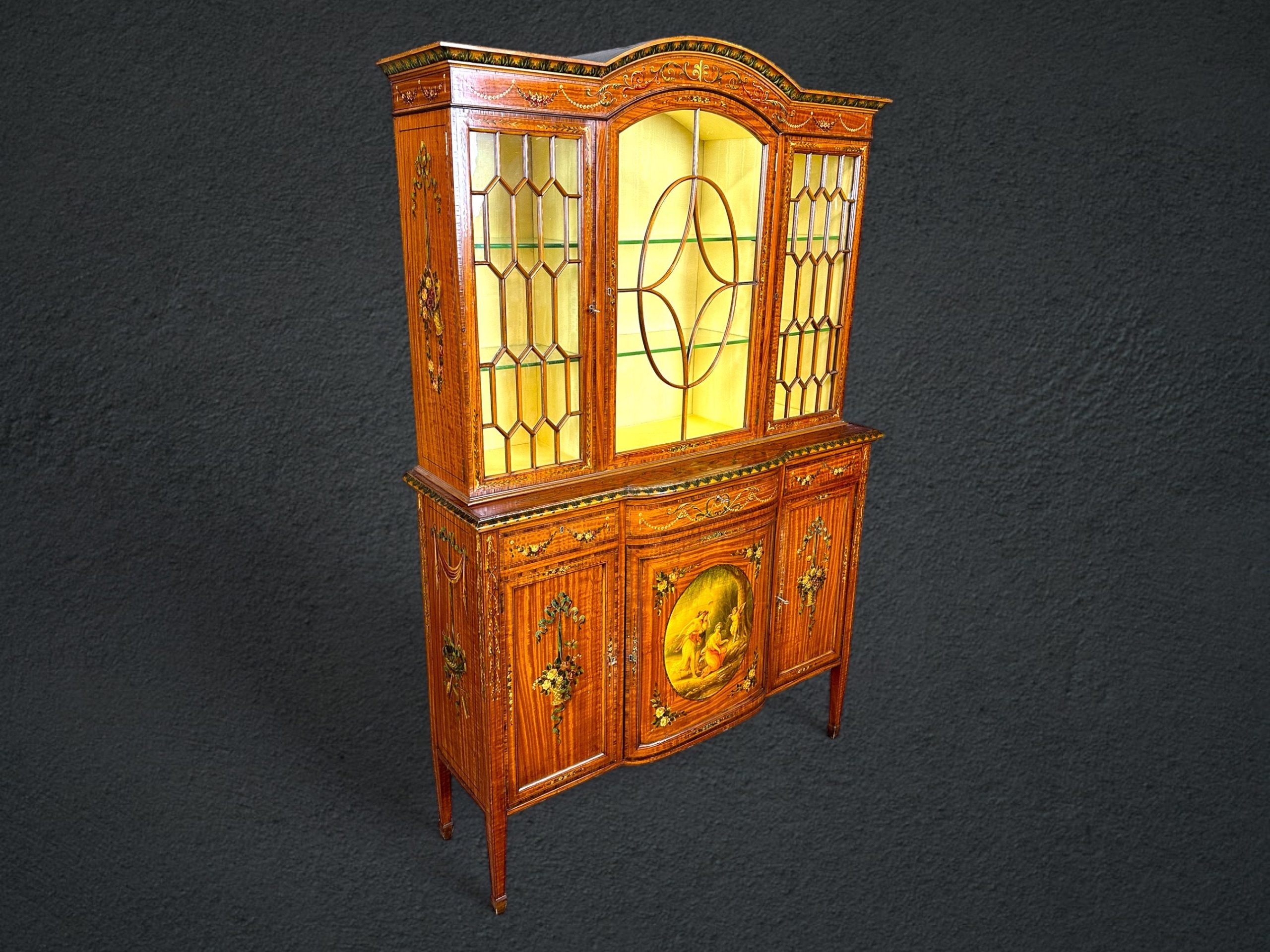 Antique 19th Century English Adams 2 Piece Paint Decorated Display Cabinet, Curio Cabinet