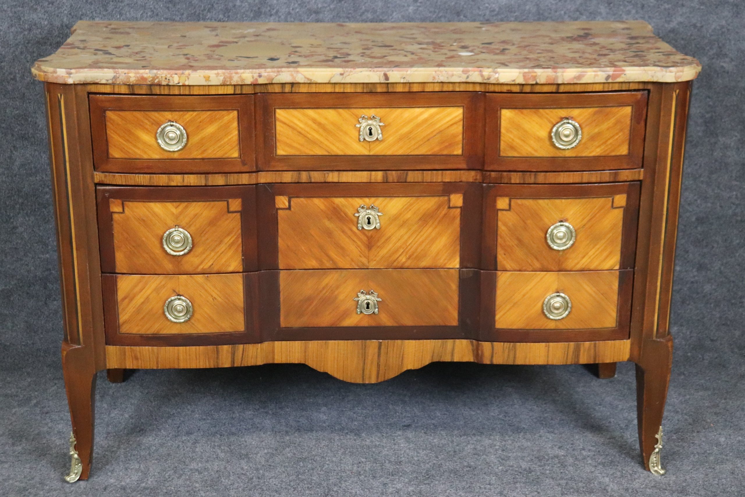 Antique Louis XV Style Marble Top Inlaid Commode circa 1920s, Chest of Drawers - Image 3