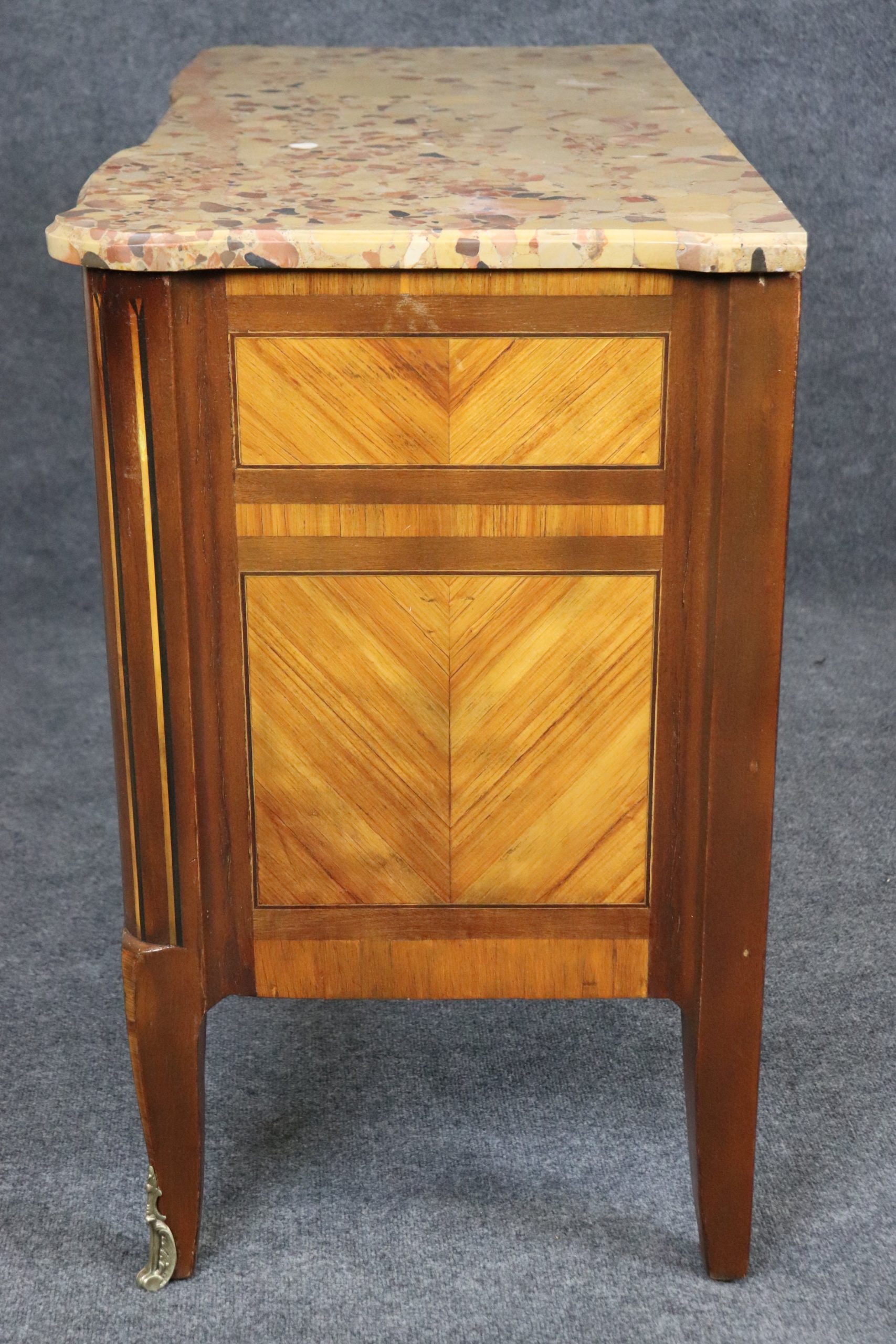 Antique Louis XV Style Marble Top Inlaid Commode circa 1920s, Chest of Drawers - Image 4