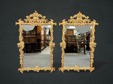 Vintage Pair of Hollywood Regency Gold Gilt Carved Floral Mirrors, Wall Mirrors