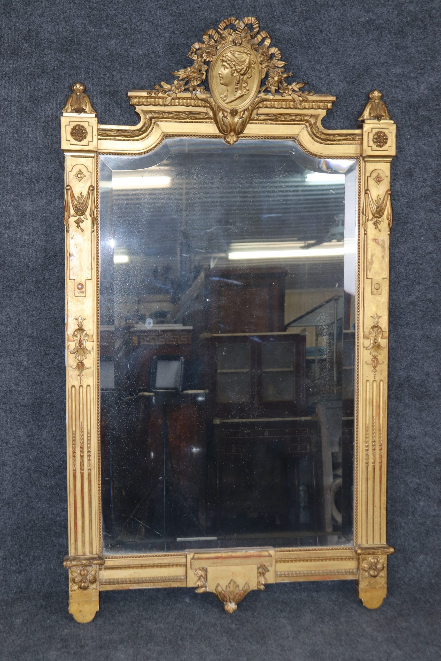 Antique 19th Century Louis XVI Style Gold Gilt Carved Figural Mirror, Vintage Mirror - Image 2