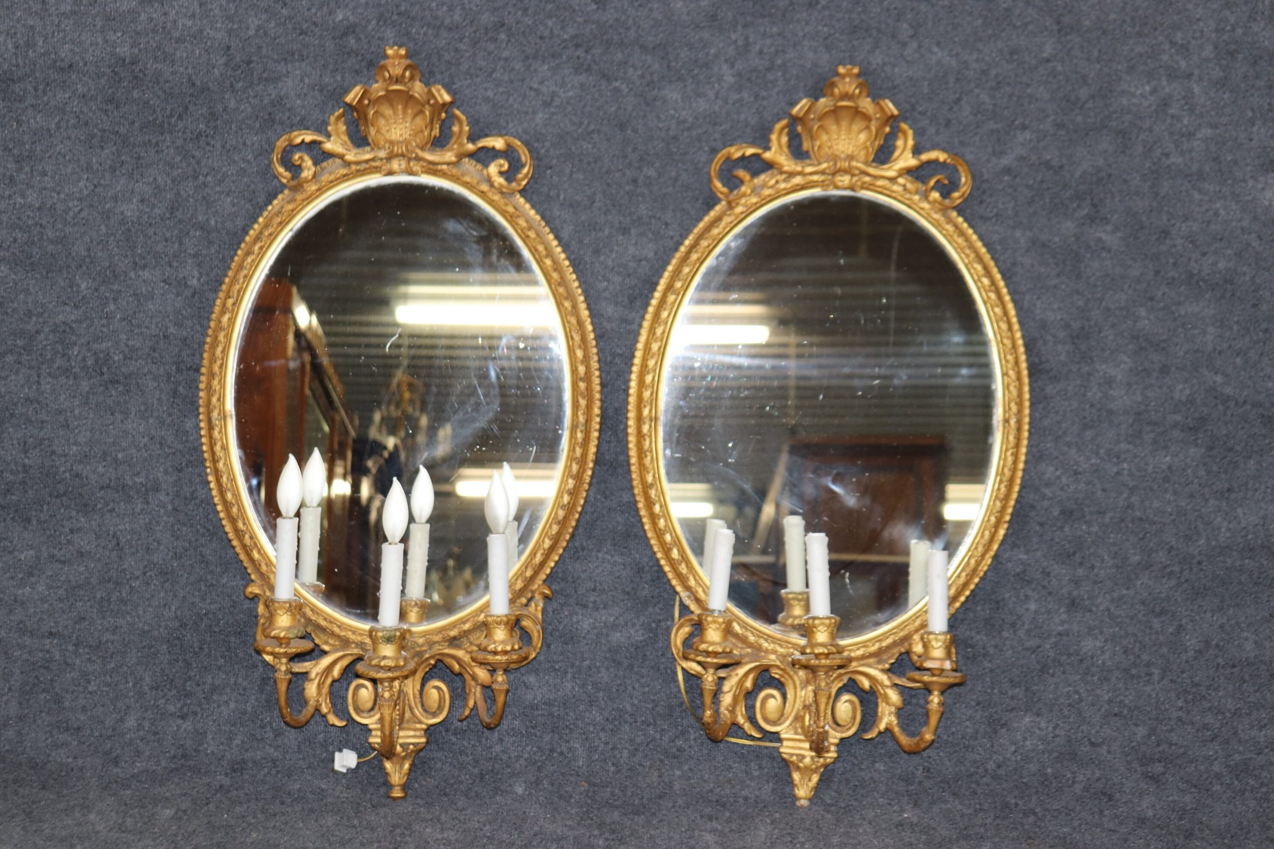 Pair of Antique 19th Century French Gold Gilt 3 Light Sconce Mirrors, Vintage Sconces - Image 2