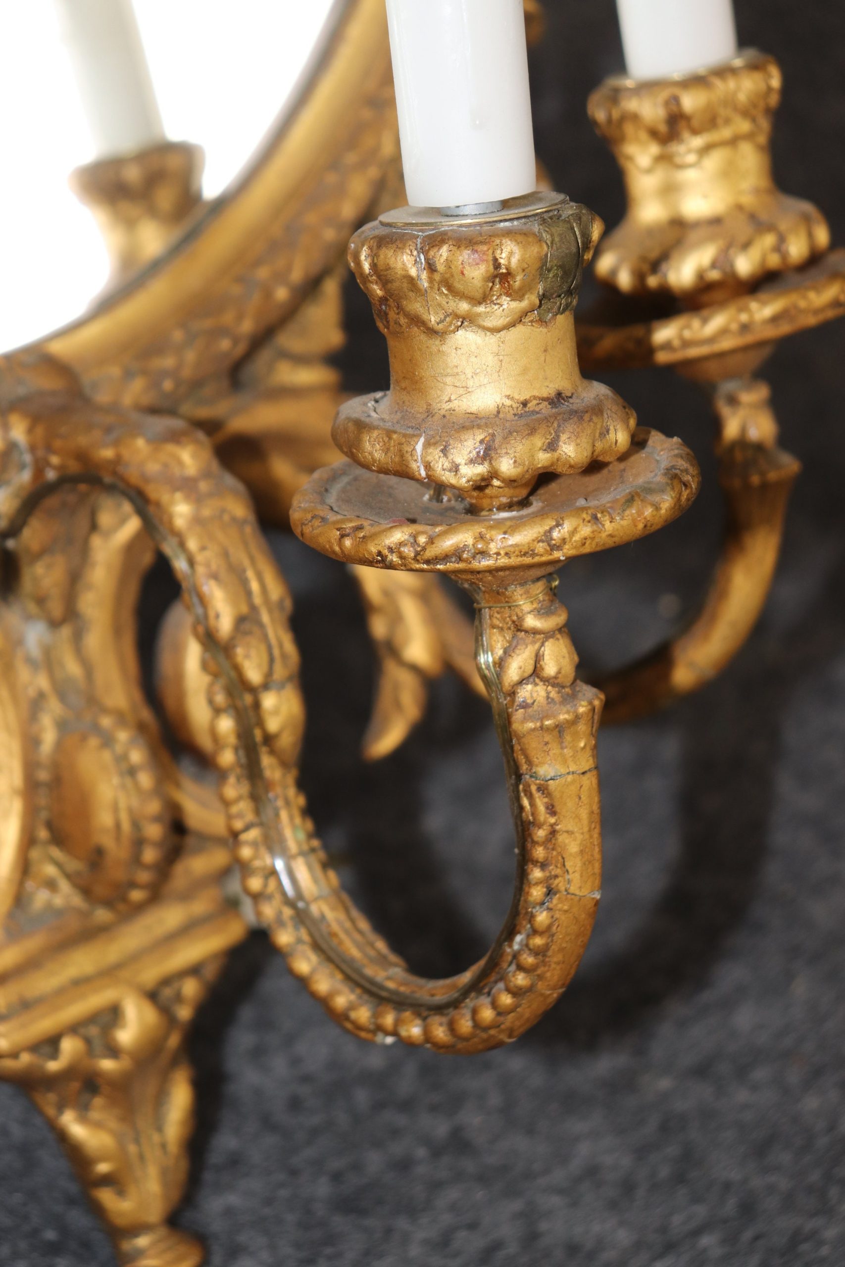 Pair of Antique 19th Century French Gold Gilt 3 Light Sconce Mirrors, Vintage Sconces - Image 7