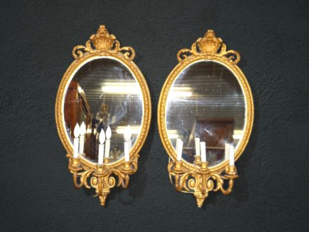 Pair of Antique 19th Century French Gold Gilt 3 Light Sconce Mirrors, Vintage Sconces