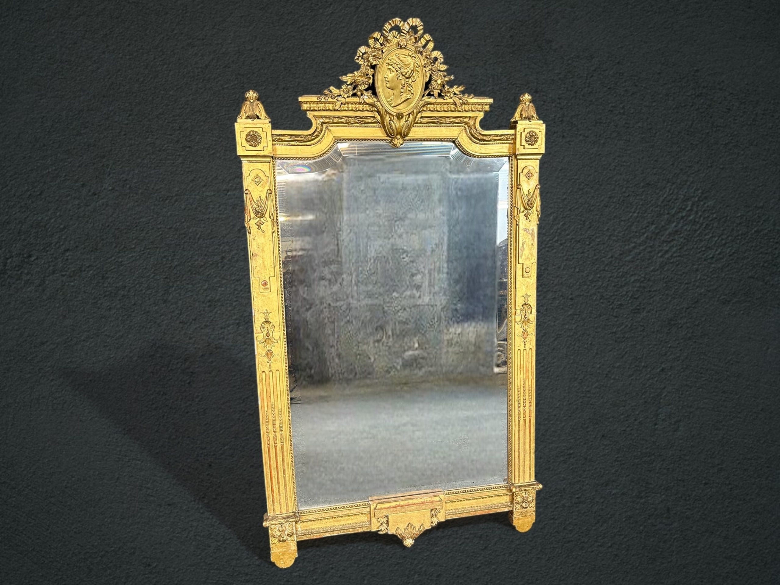 Antique 19th Century Louis XVI Style Gold Gilt Carved Figural Mirror, Vintage Mirror