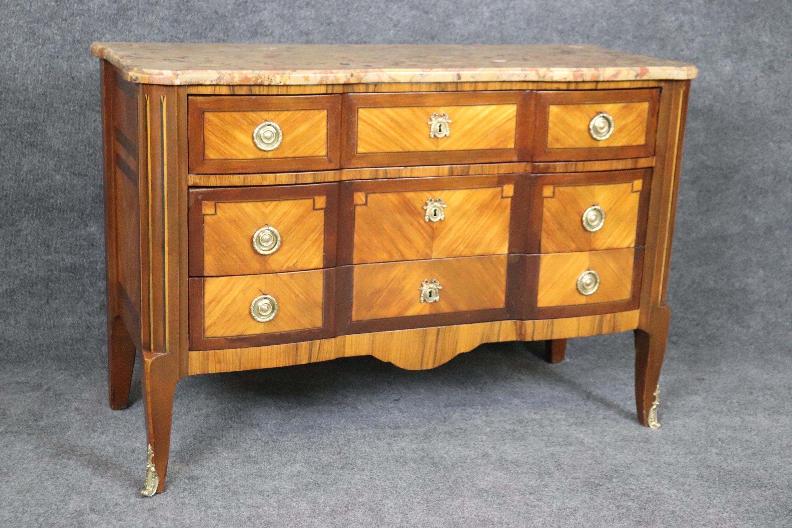 Antique Louis XV Style Marble Top Inlaid Commode circa 1920s, Chest of Drawers - Image 2