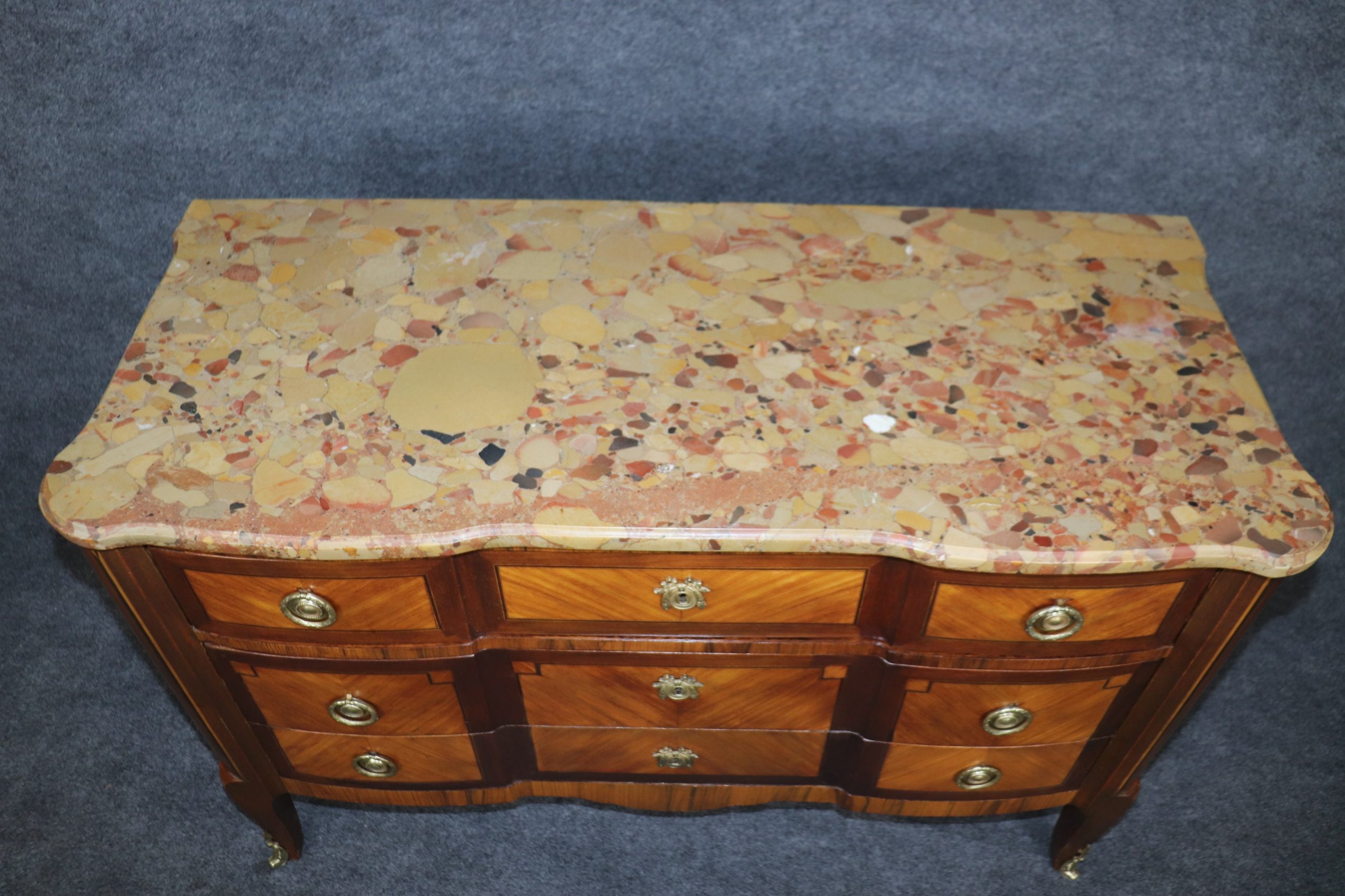 Antique Louis XV Style Marble Top Inlaid Commode circa 1920s, Chest of Drawers - Image 8