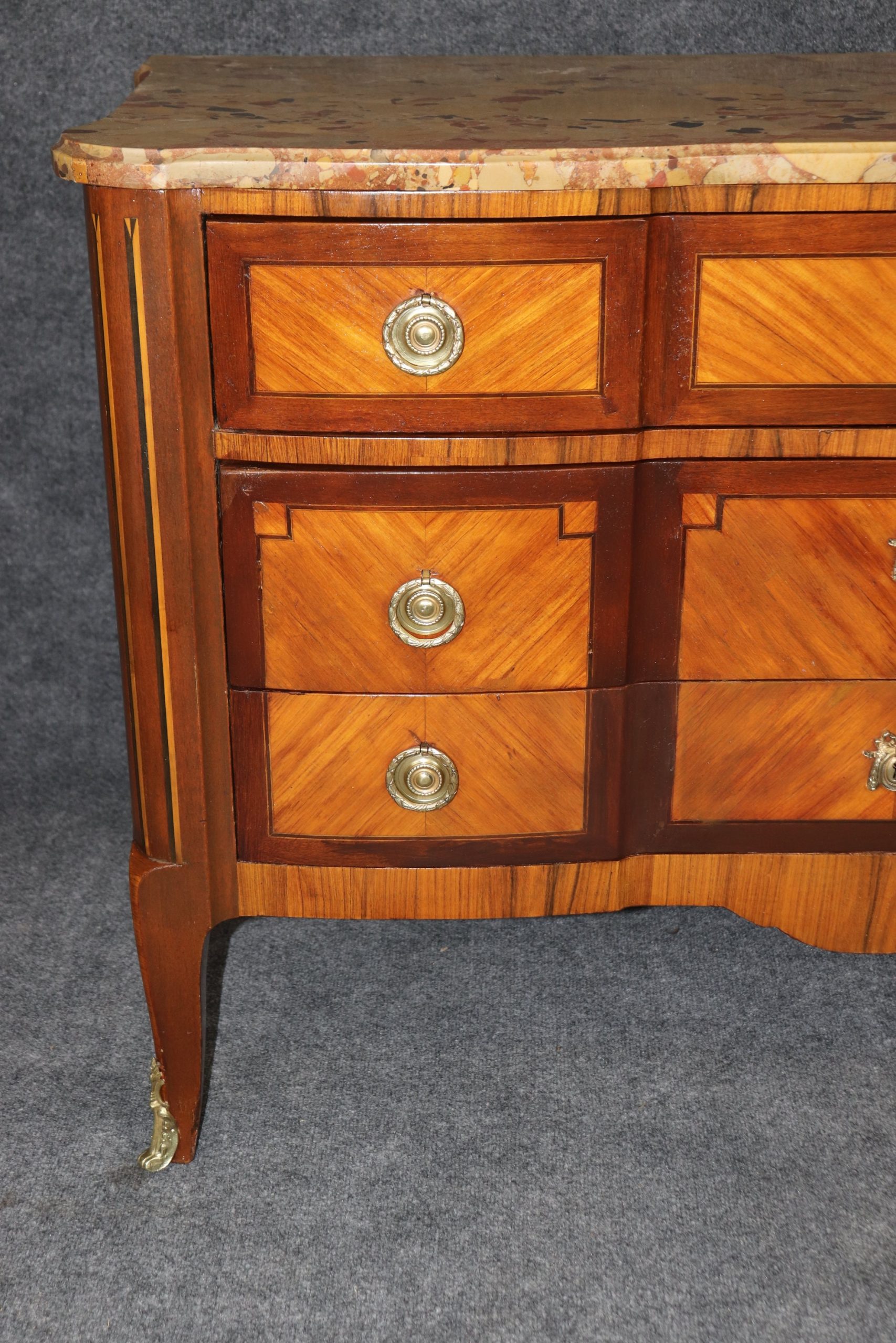 Antique Louis XV Style Marble Top Inlaid Commode circa 1920s, Chest of Drawers - Image 9