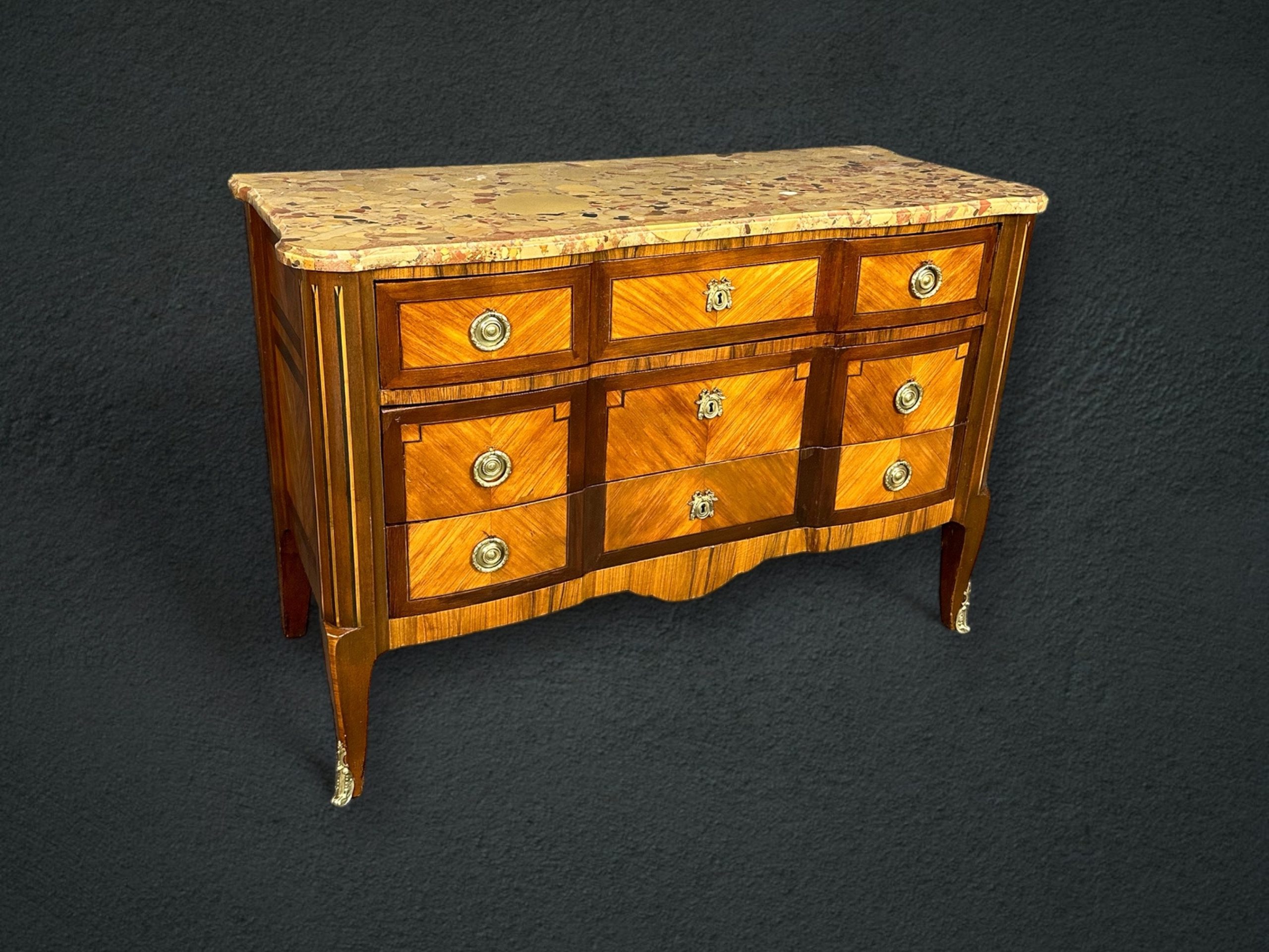 Antique Louis XV Style Marble Top Inlaid Commode circa 1920s, Chest of Drawers