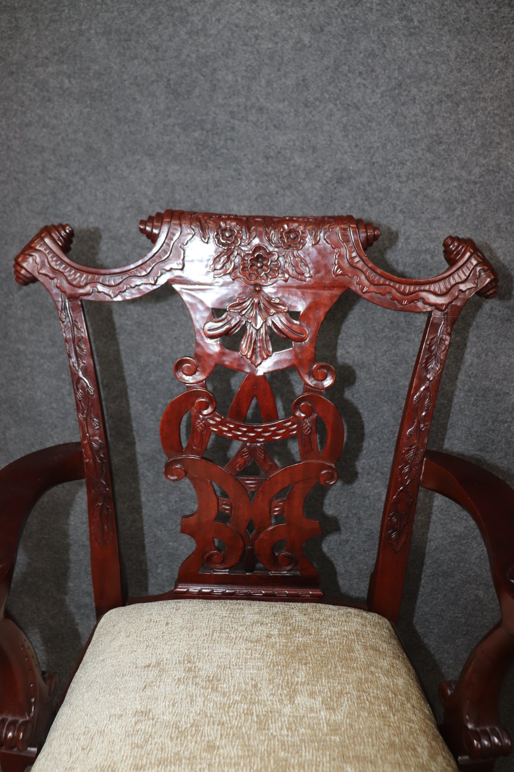 Vintage Set of 8 Chinese Chippendale Style Carved Mahogany Dining Room Chairs, Antique Chairs - Image 8