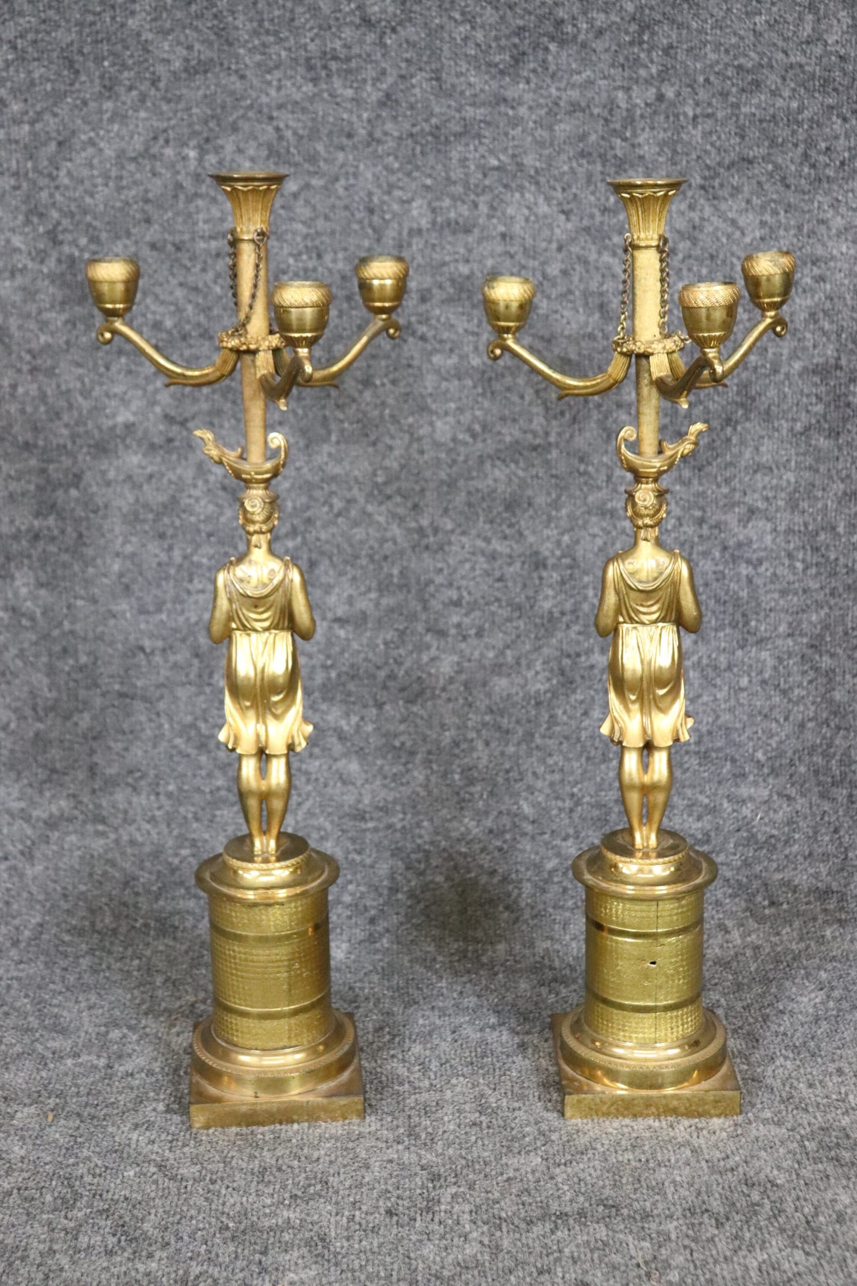Pair of French Empire Style Gilt Metal Figural Candelabras, Vintage Decor - Image 4