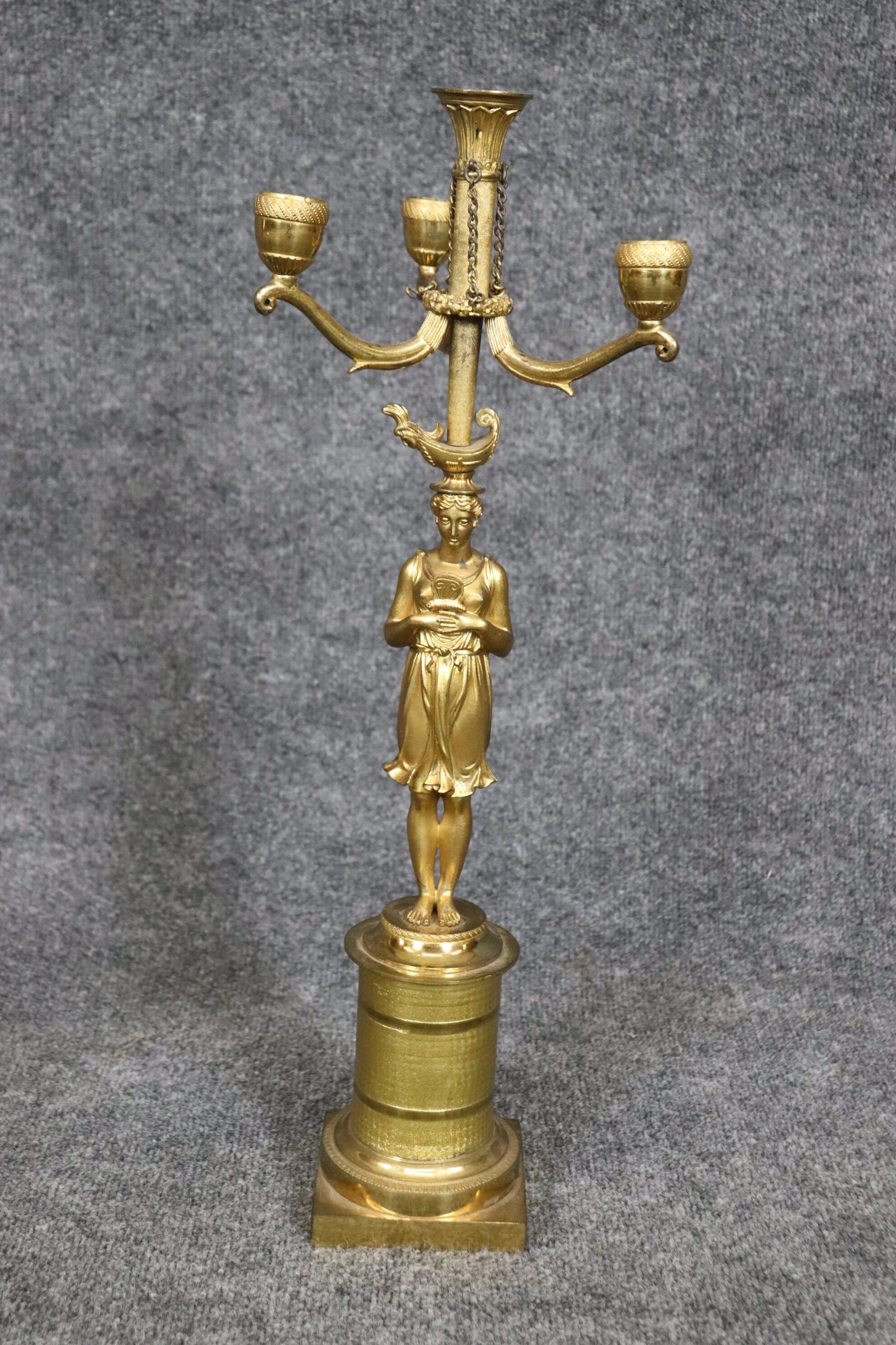 Pair of French Empire Style Gilt Metal Figural Candelabras, Vintage Decor - Image 5