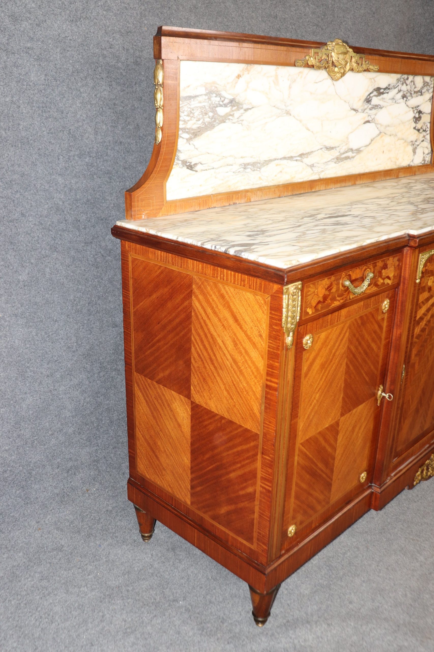 Antique Louis XVI Style Art Nouveau Inlaid Marble Top Server, Buffet - Image 3