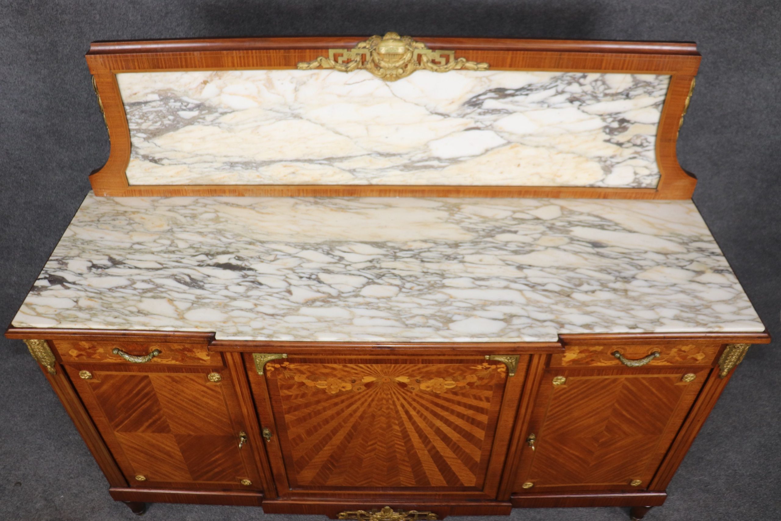 Antique Louis XVI Style Art Nouveau Inlaid Marble Top Server, Buffet - Image 4