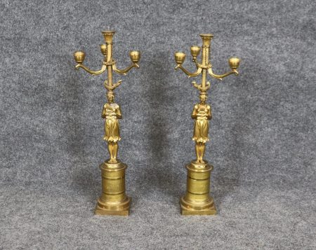 Pair of French Empire Style Gilt Metal Figural Candelabras, Vintage Decor
