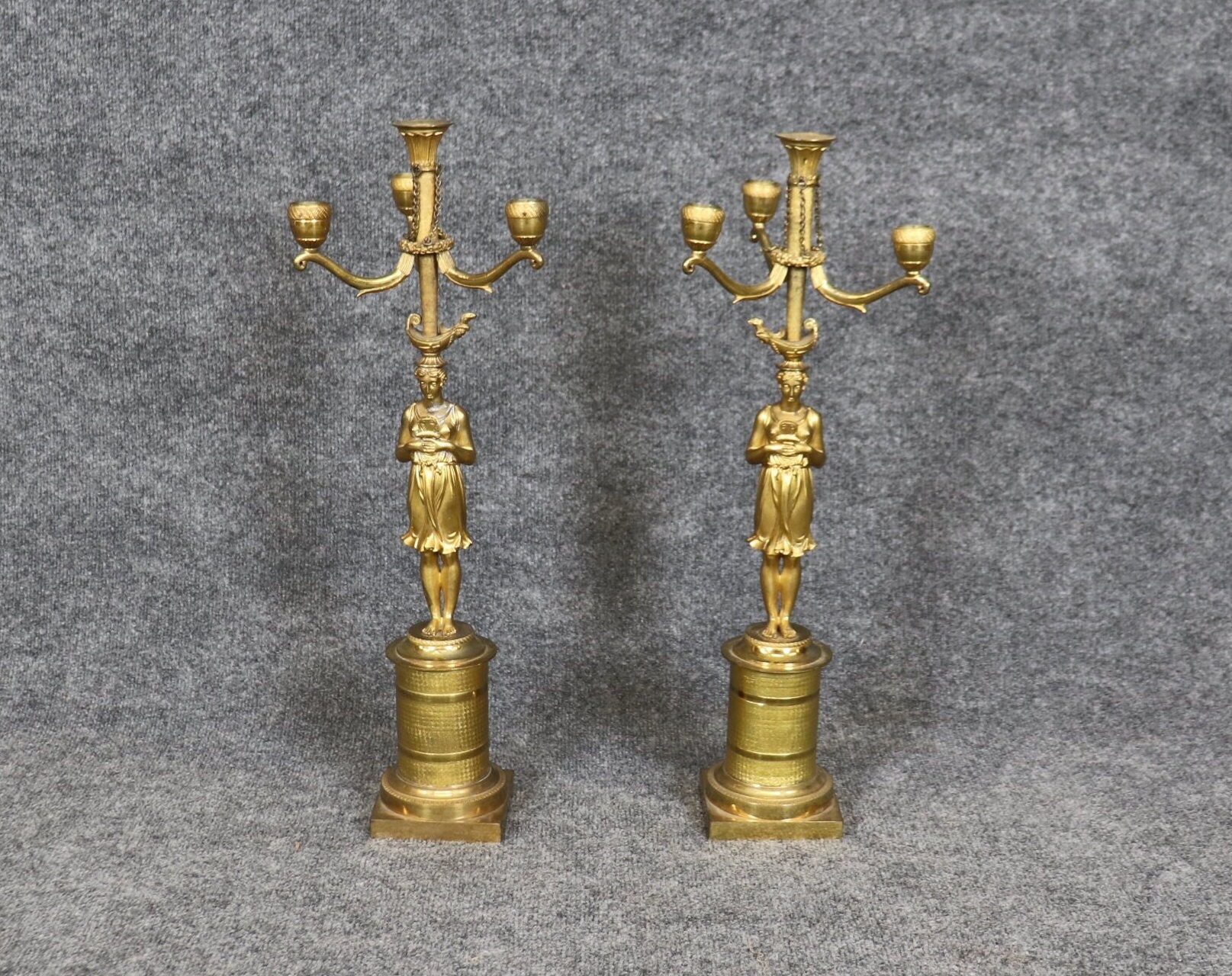 Pair of French Empire Style Gilt Metal Figural Candelabras, Vintage Decor