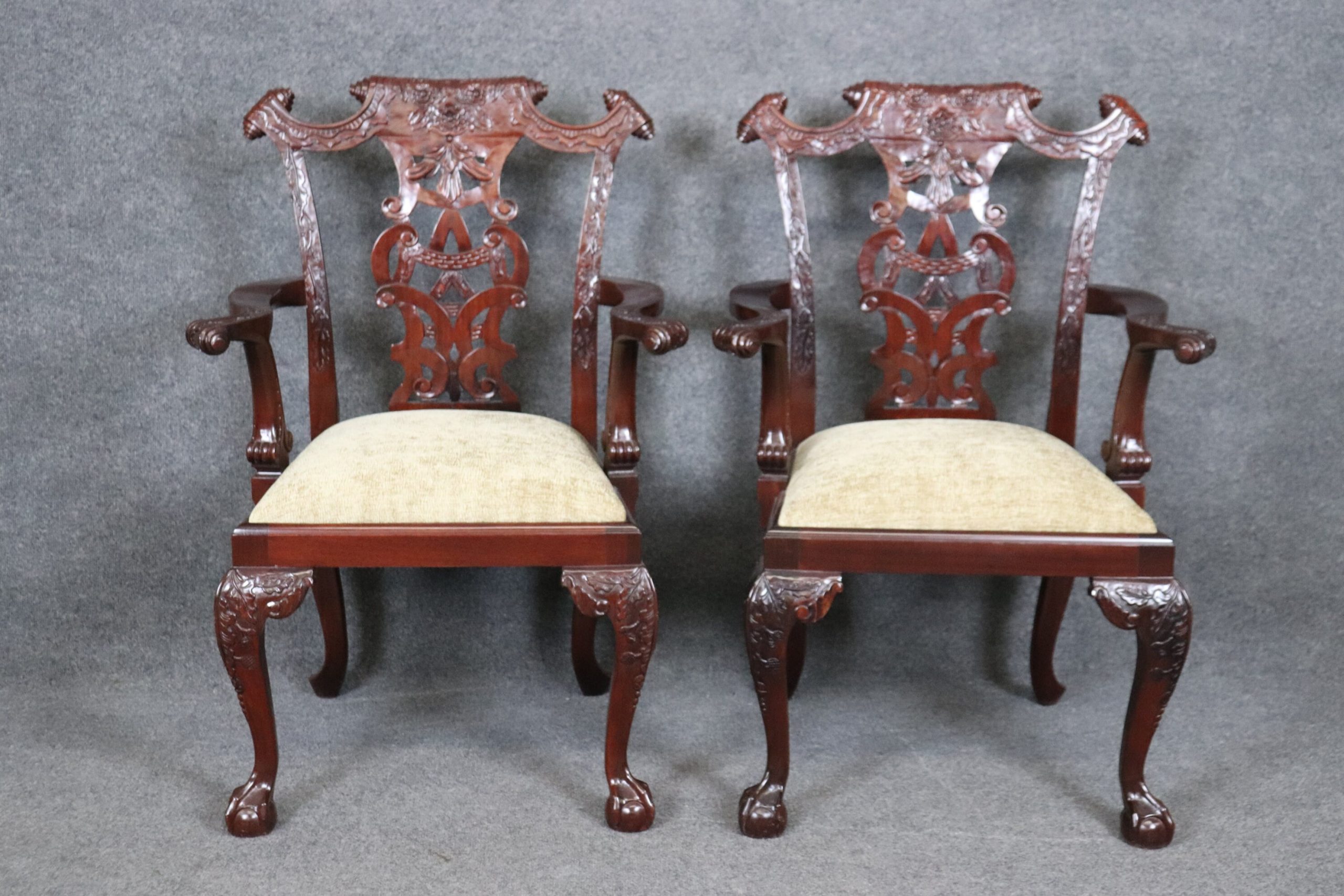 Vintage Set of 8 Chinese Chippendale Style Carved Mahogany Dining Room Chairs, Antique Chairs - Image 2
