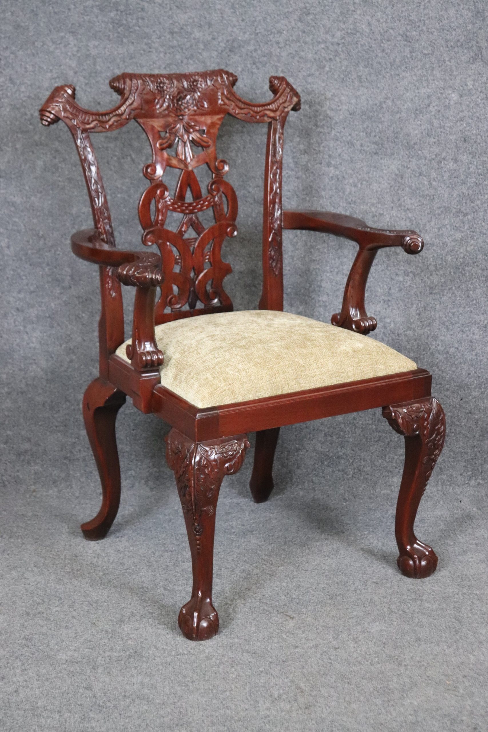Vintage Set of 8 Chinese Chippendale Style Carved Mahogany Dining Room Chairs, Antique Chairs - Image 6