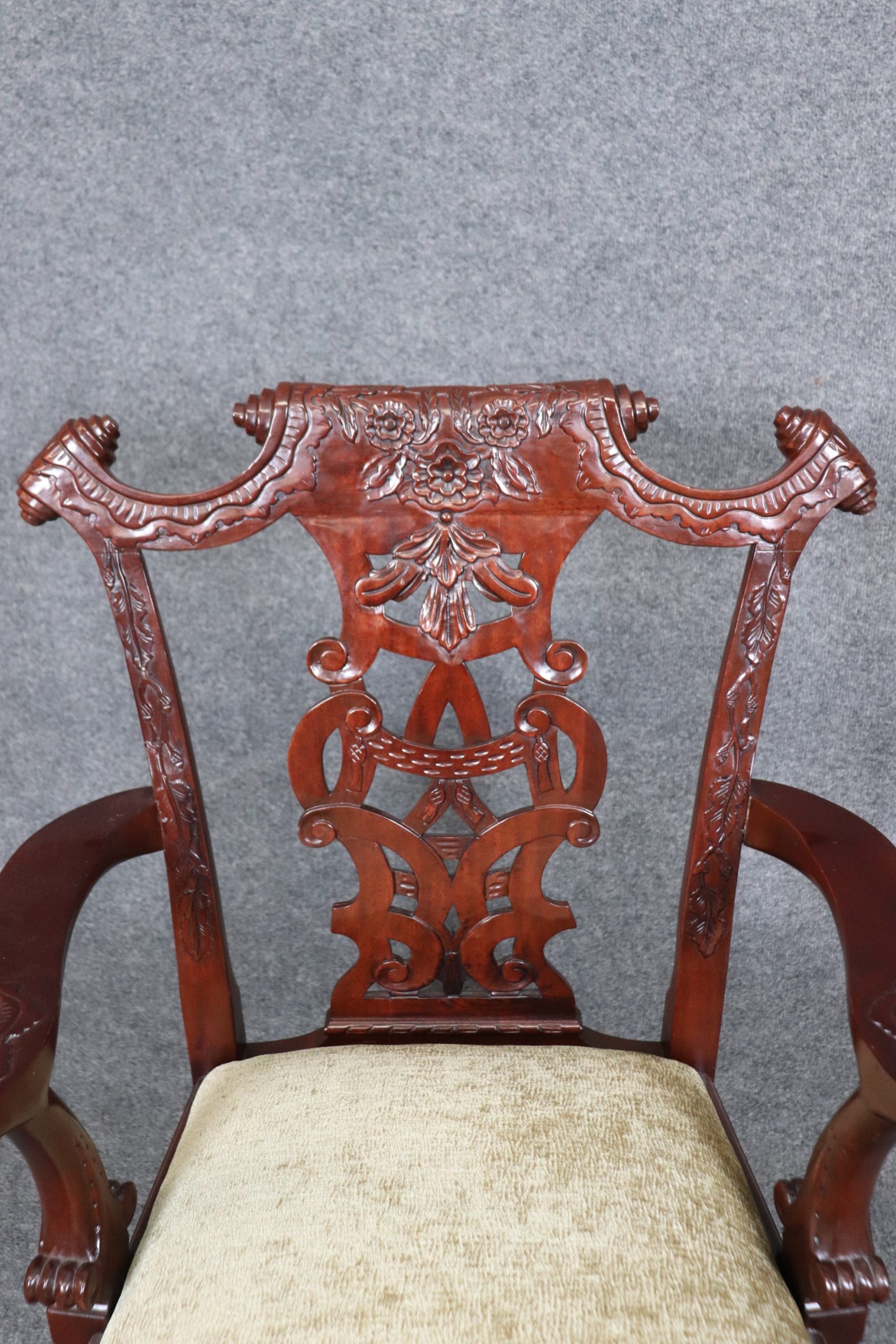 Vintage Set of 8 Chinese Chippendale Style Carved Mahogany Dining Room Chairs, Antique Chairs - Image 9