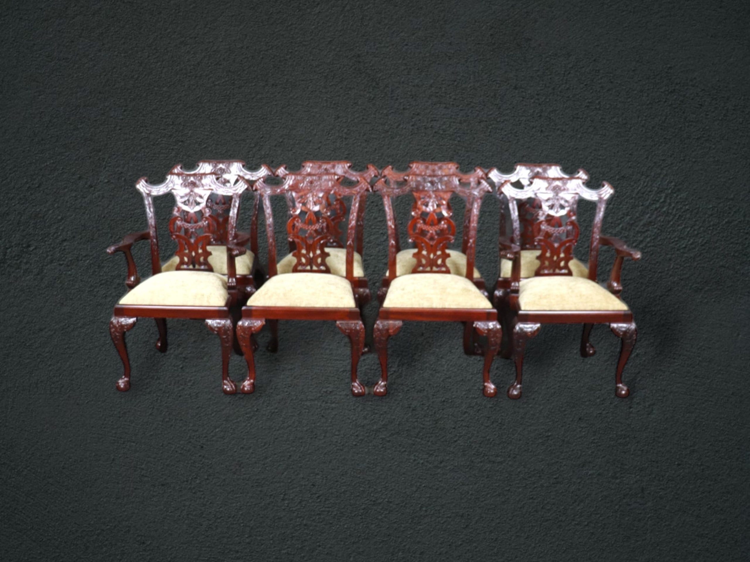 Vintage Set of 8 Chinese Chippendale Style Carved Mahogany Dining Room Chairs, Antique Chairs