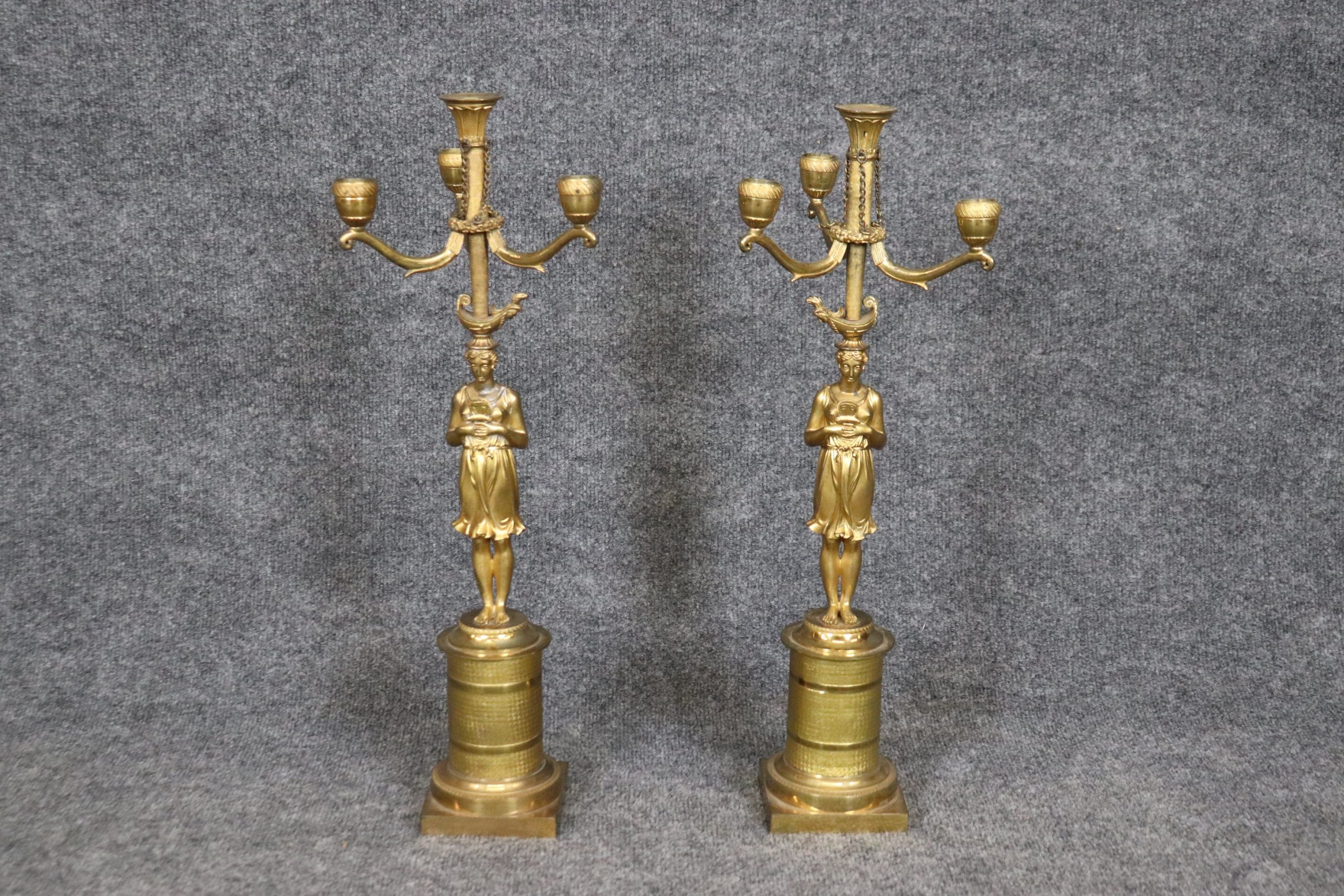 Pair of French Empire Style Gilt Metal Figural Candelabras, Vintage Decor - Image 2